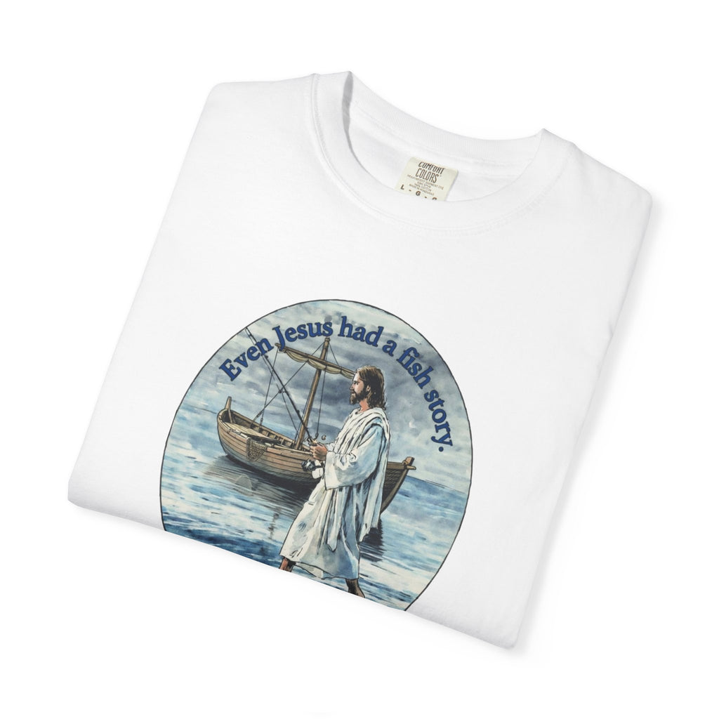 “Jesus fish story” logo on front Unisex Garment-Dyed T-shirt