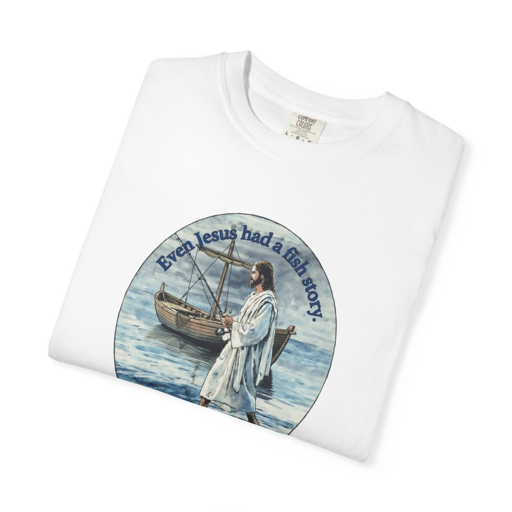 “Jesus fish story” logo on front Unisex Garment-Dyed T-shirt