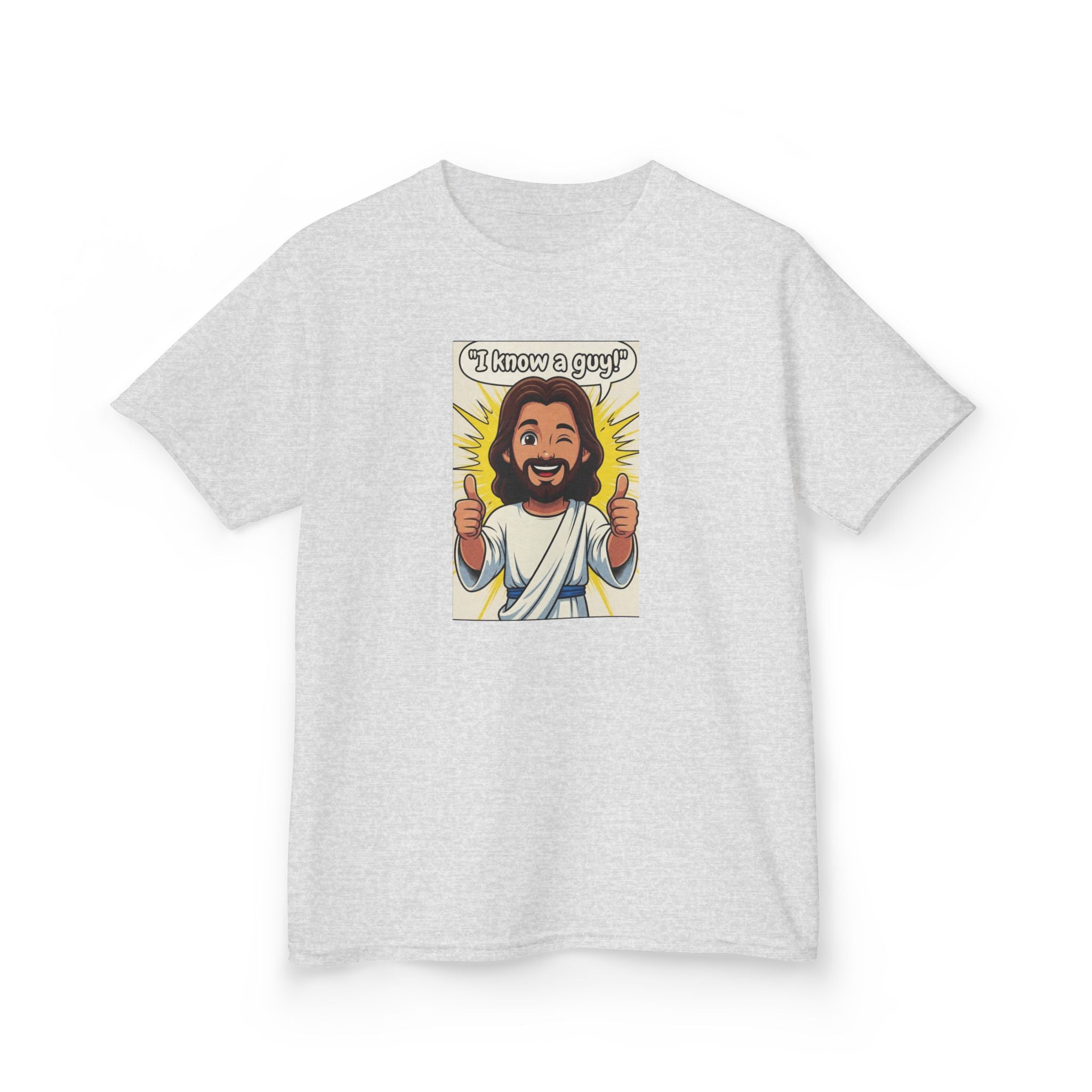 Kids Tee — "I Know a Guy" Cartoon Jesus Graphic
