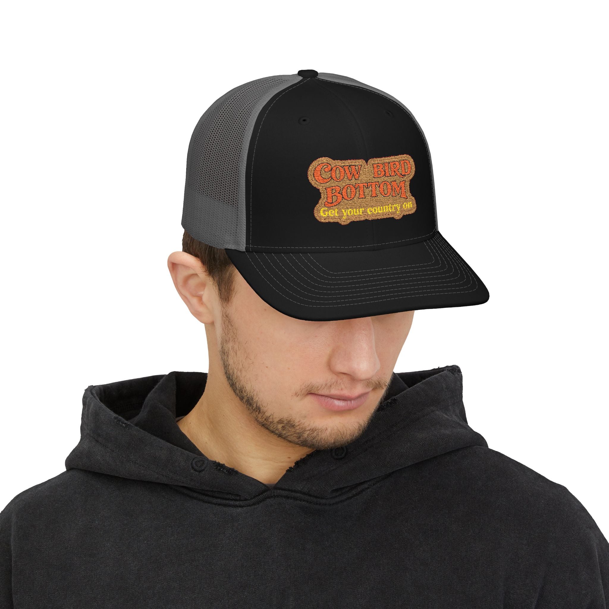 Cow Bird Bottom Patch Trucker Cap - Retro Neon Road Sign Snapback