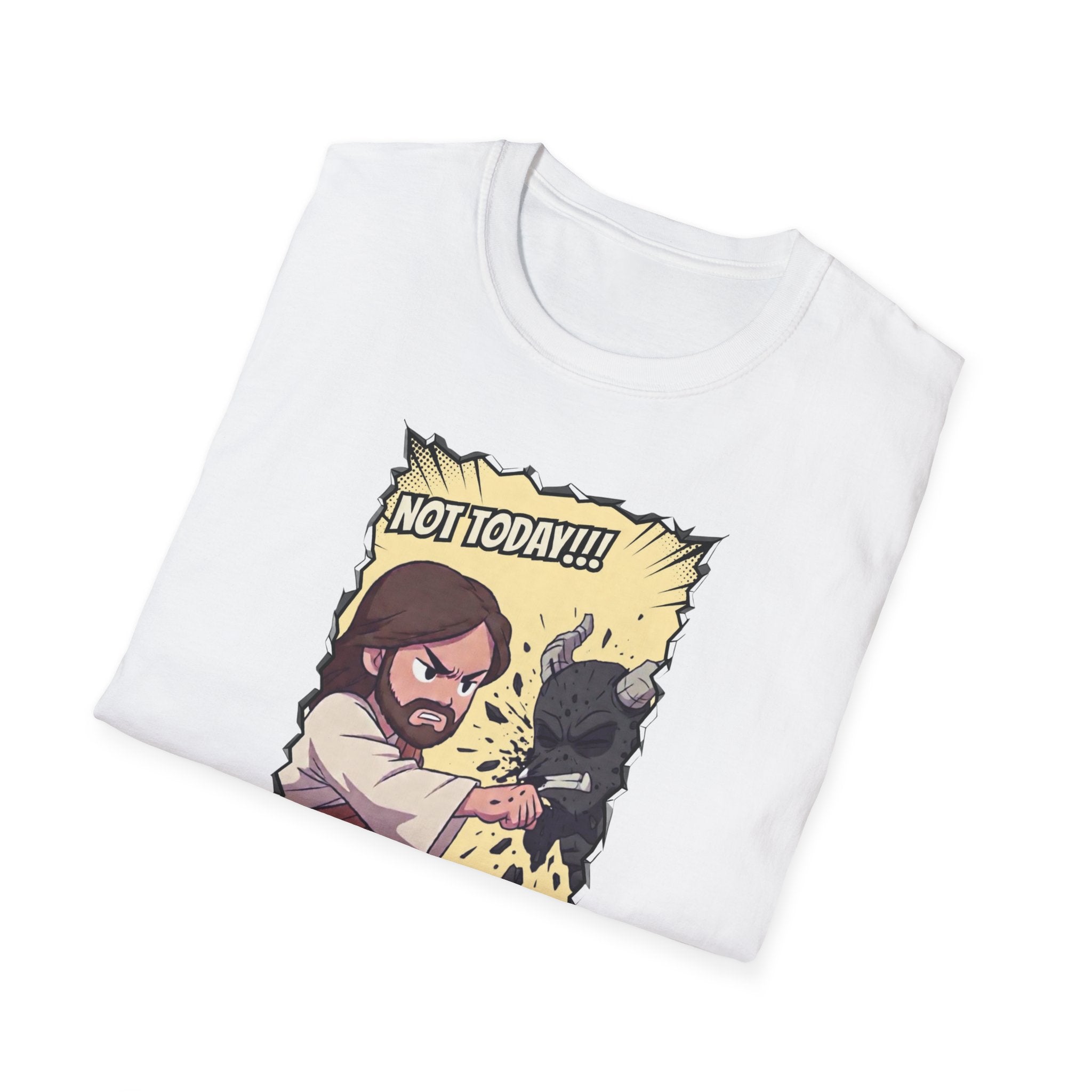 Not Today! Graphic T-Shirt — Humorous Jesus Punching Crocodile Christian Tee