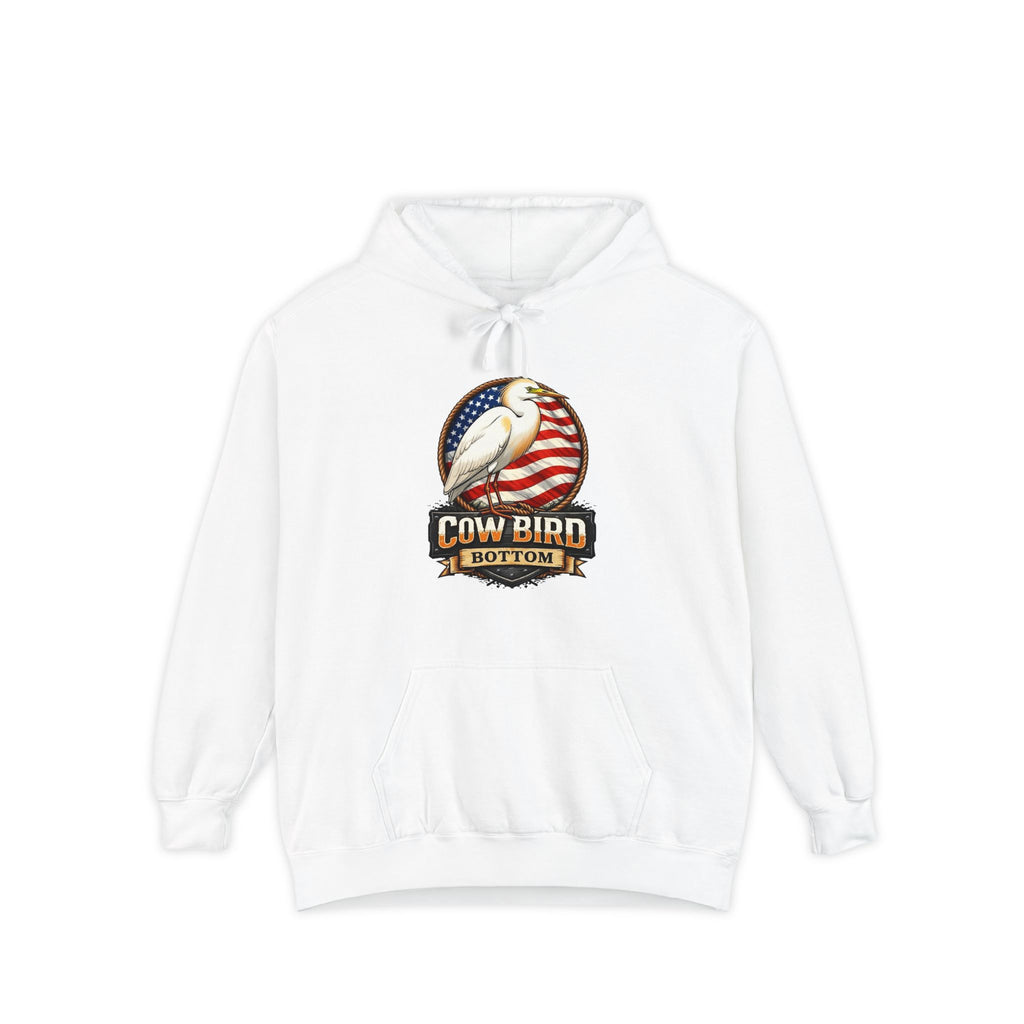 Cowbird Vintage American Flag Hoodie – "Cow Bird Bottom" Patriotic Graphic