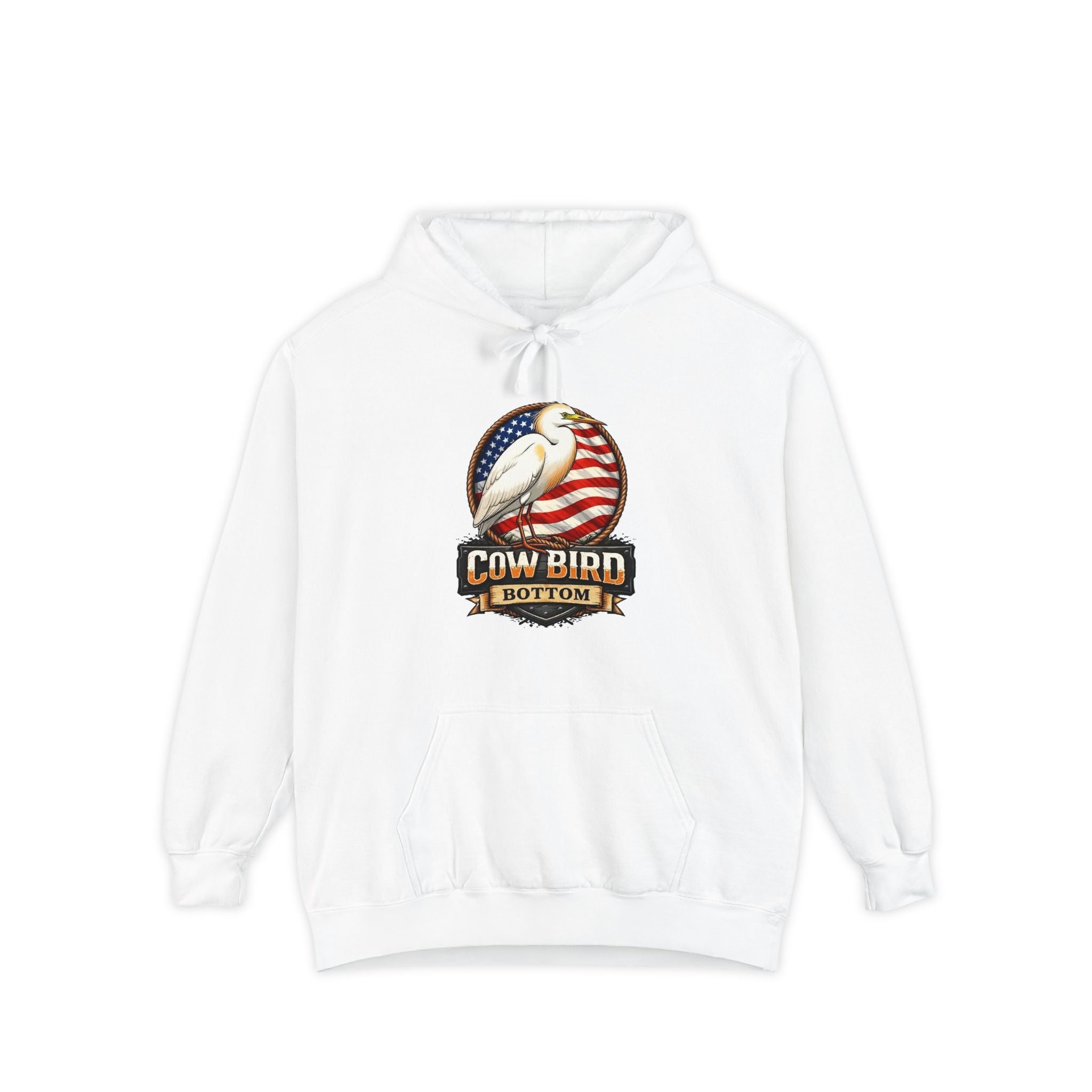 Cowbird Vintage American Flag Hoodie – "Cow Bird Bottom" Patriotic Graphic