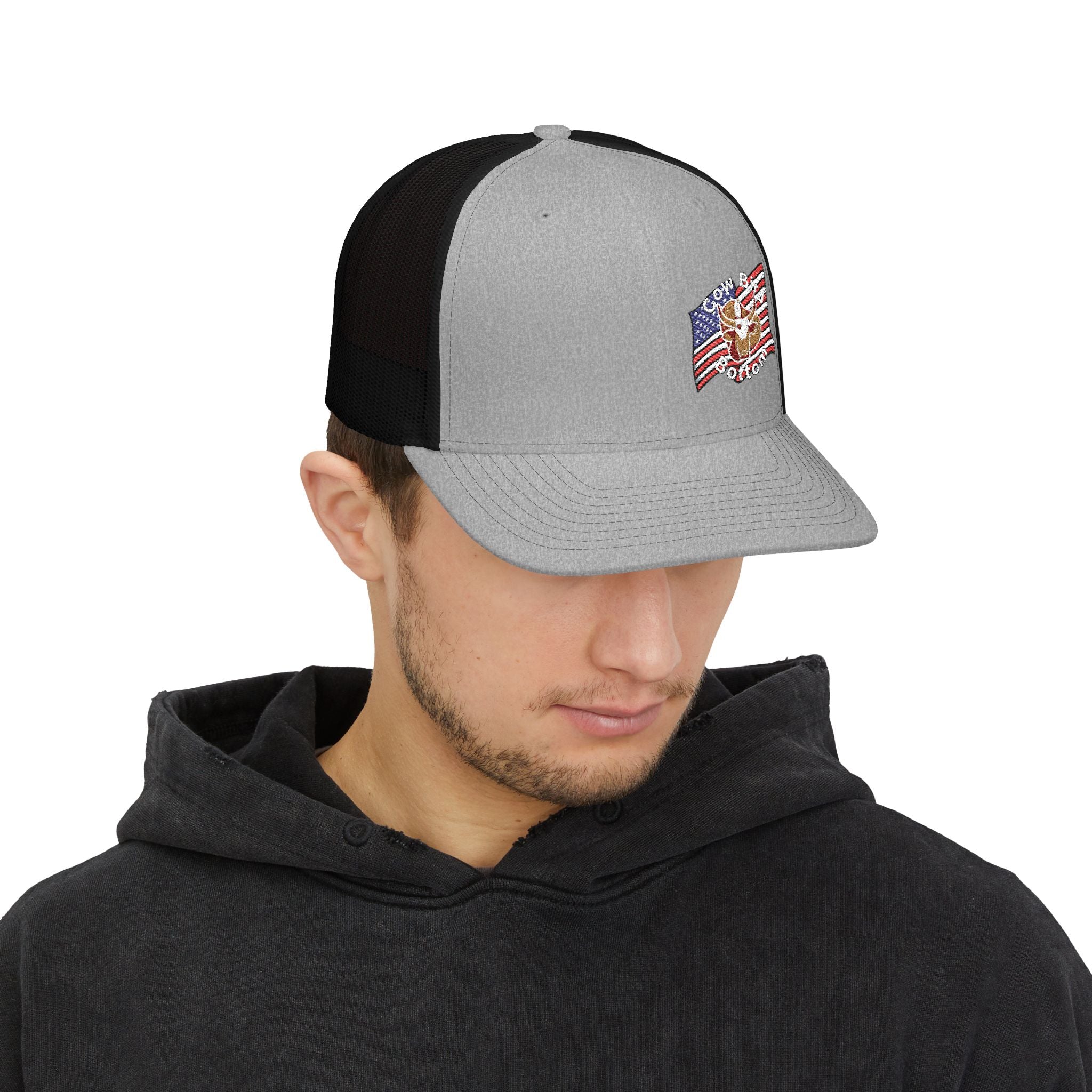 Richardson Embroidered Trucker Cap — American Flag with Anchor "Home of the Free"