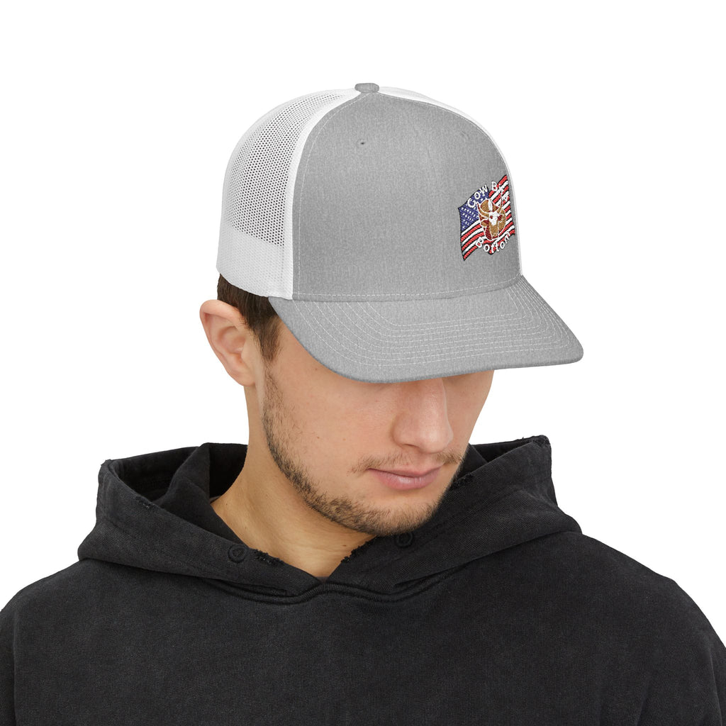 Richardson Embroidered Trucker Cap — American Flag with Anchor "Home of the Free"