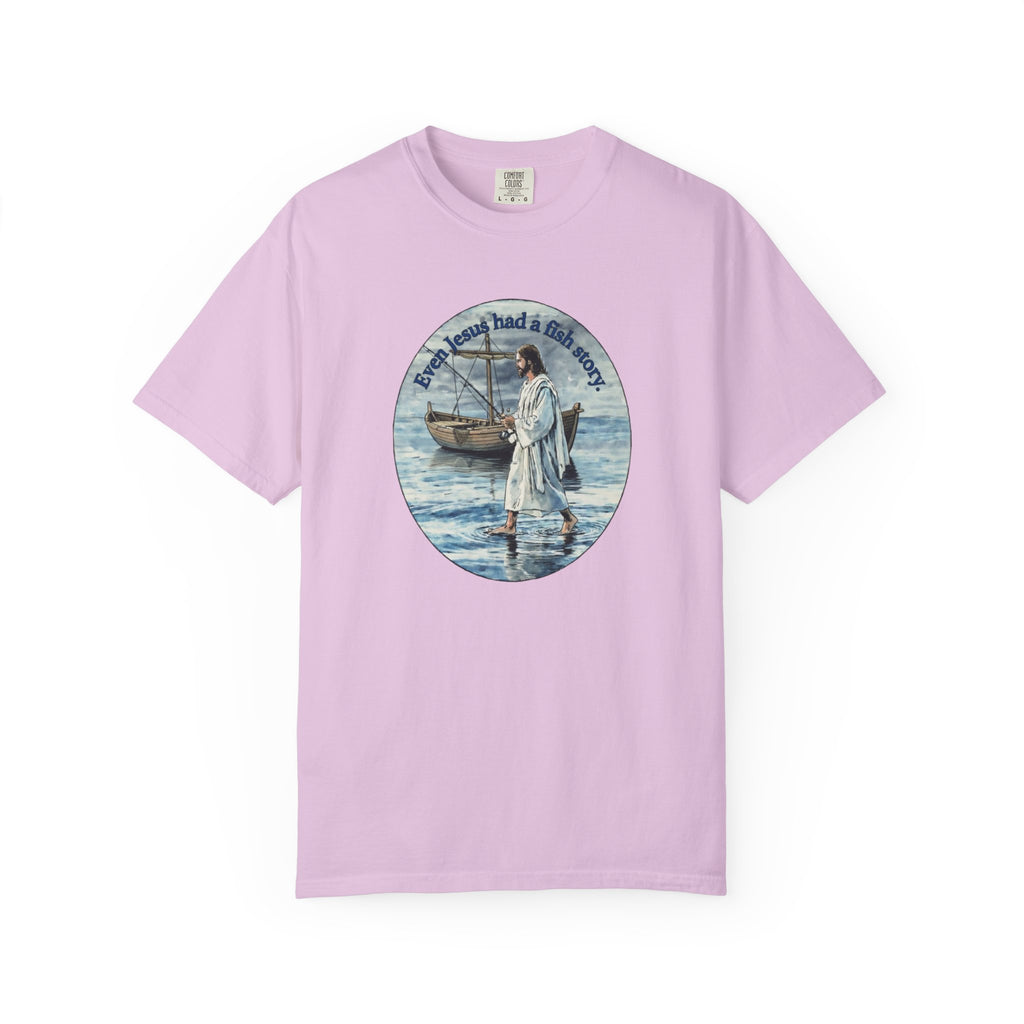 “Jesus fish story” logo on front Unisex Garment-Dyed T-shirt