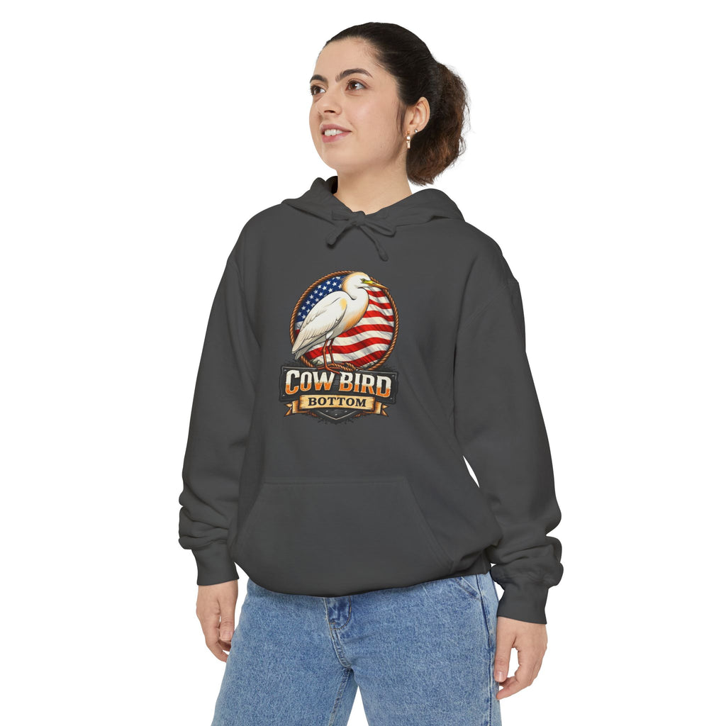 Cowbird Vintage American Flag Hoodie – "Cow Bird Bottom" Patriotic Graphic
