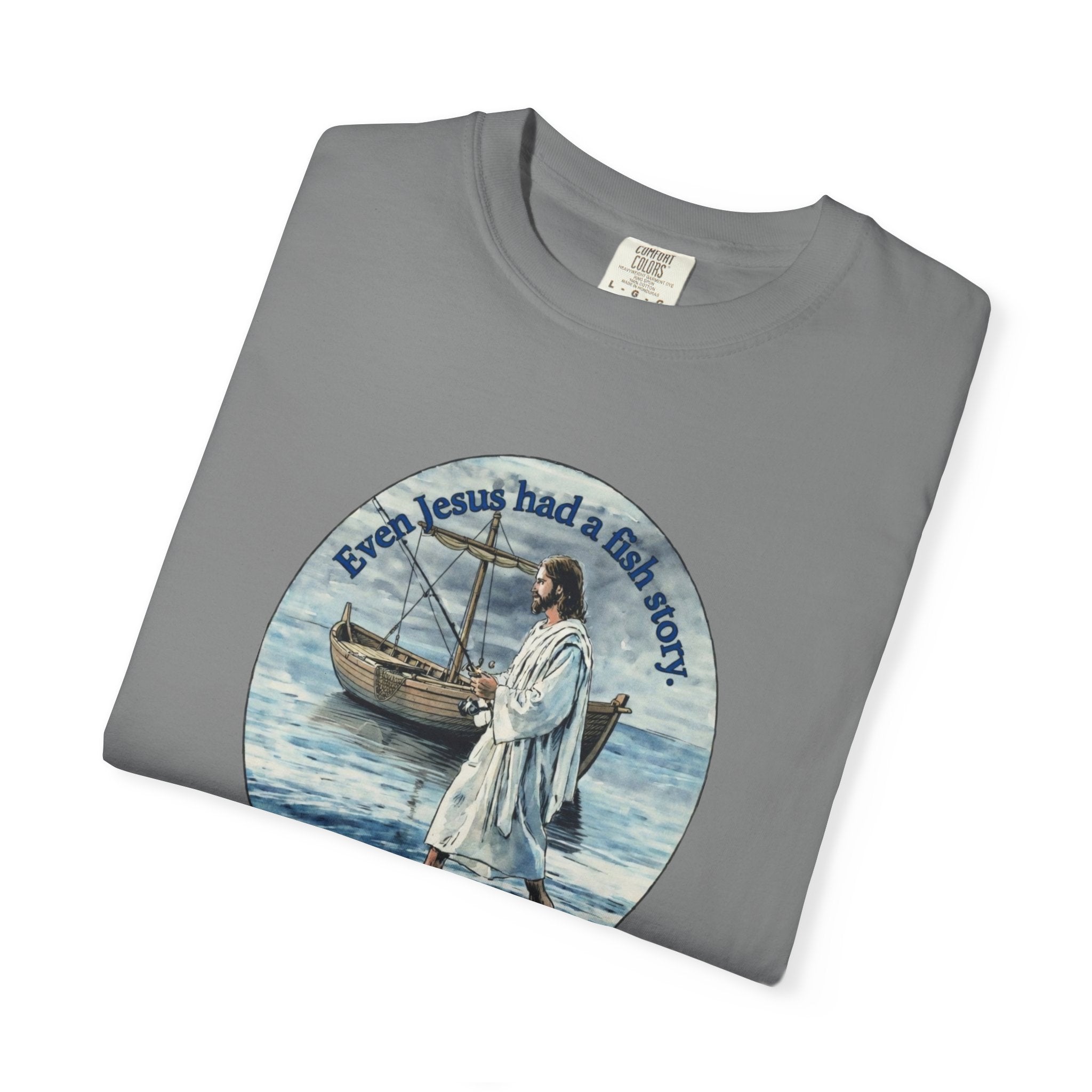 “Jesus fish story” logo on front Unisex Garment-Dyed T-shirt