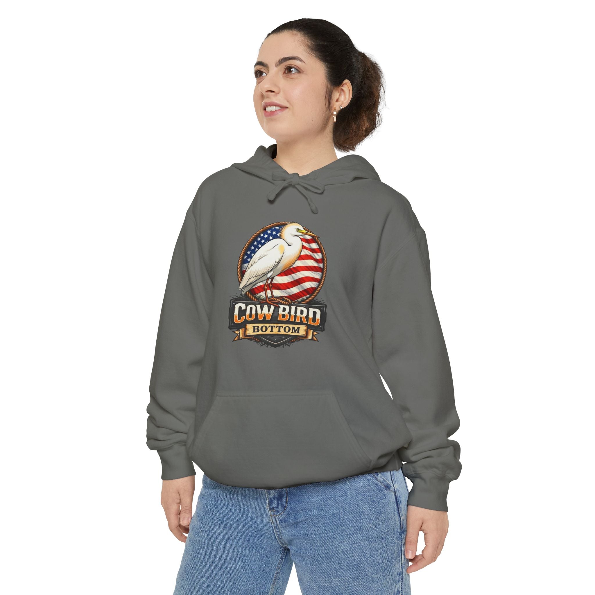 Cowbird Vintage American Flag Hoodie – "Cow Bird Bottom" Patriotic Graphic