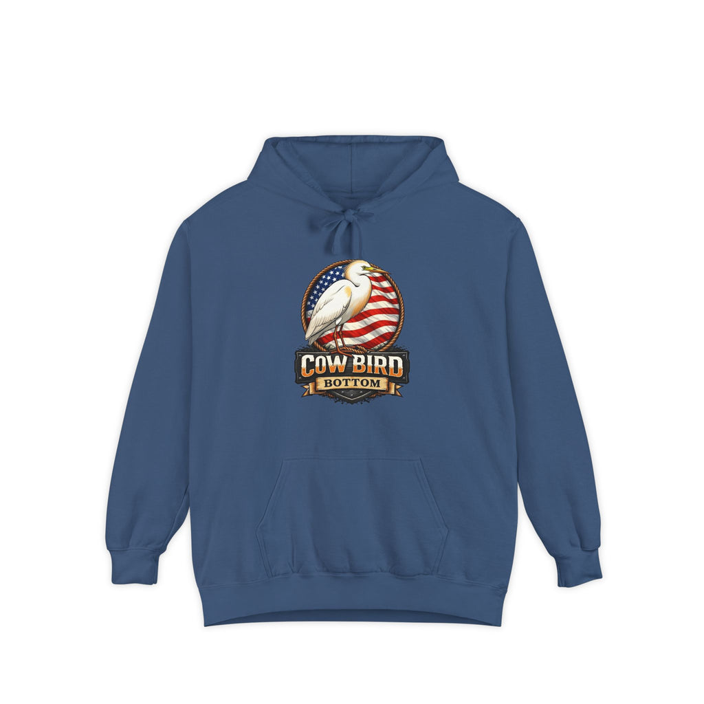 Cowbird Vintage American Flag Hoodie – "Cow Bird Bottom" Patriotic Graphic