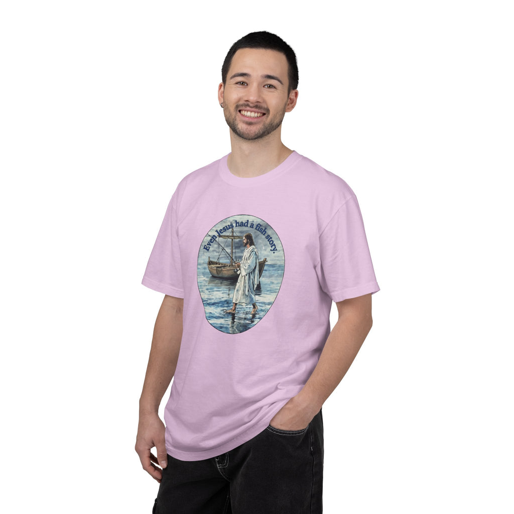 “Jesus fish story” logo on front Unisex Garment-Dyed T-shirt