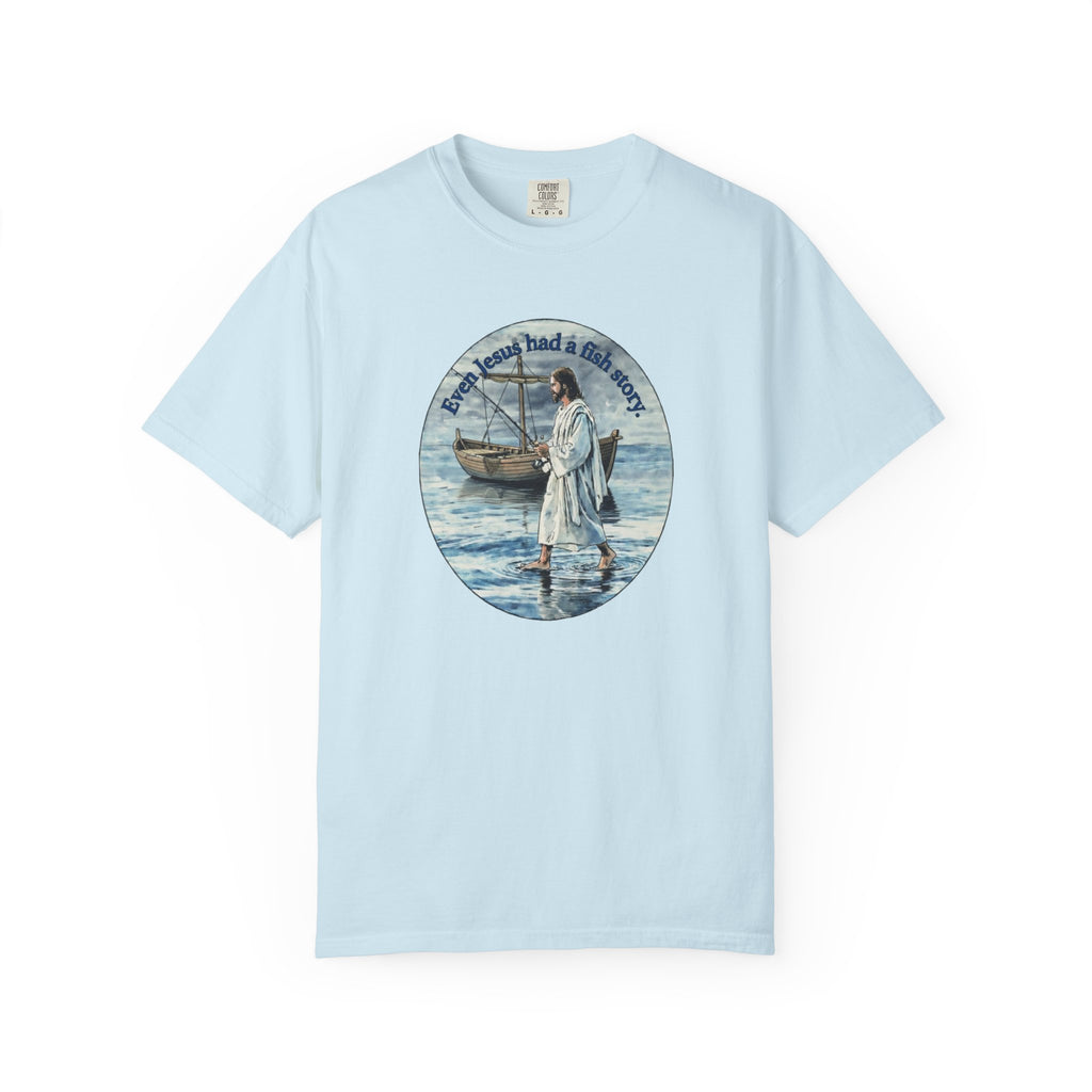 “Jesus fish story” logo on front Unisex Garment-Dyed T-shirt