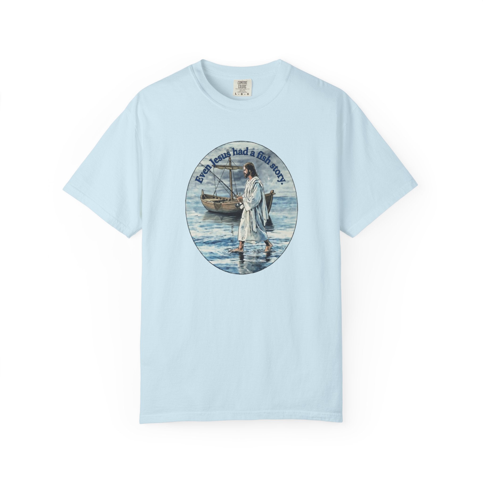 “Jesus fish story” logo on front Unisex Garment-Dyed T-shirt
