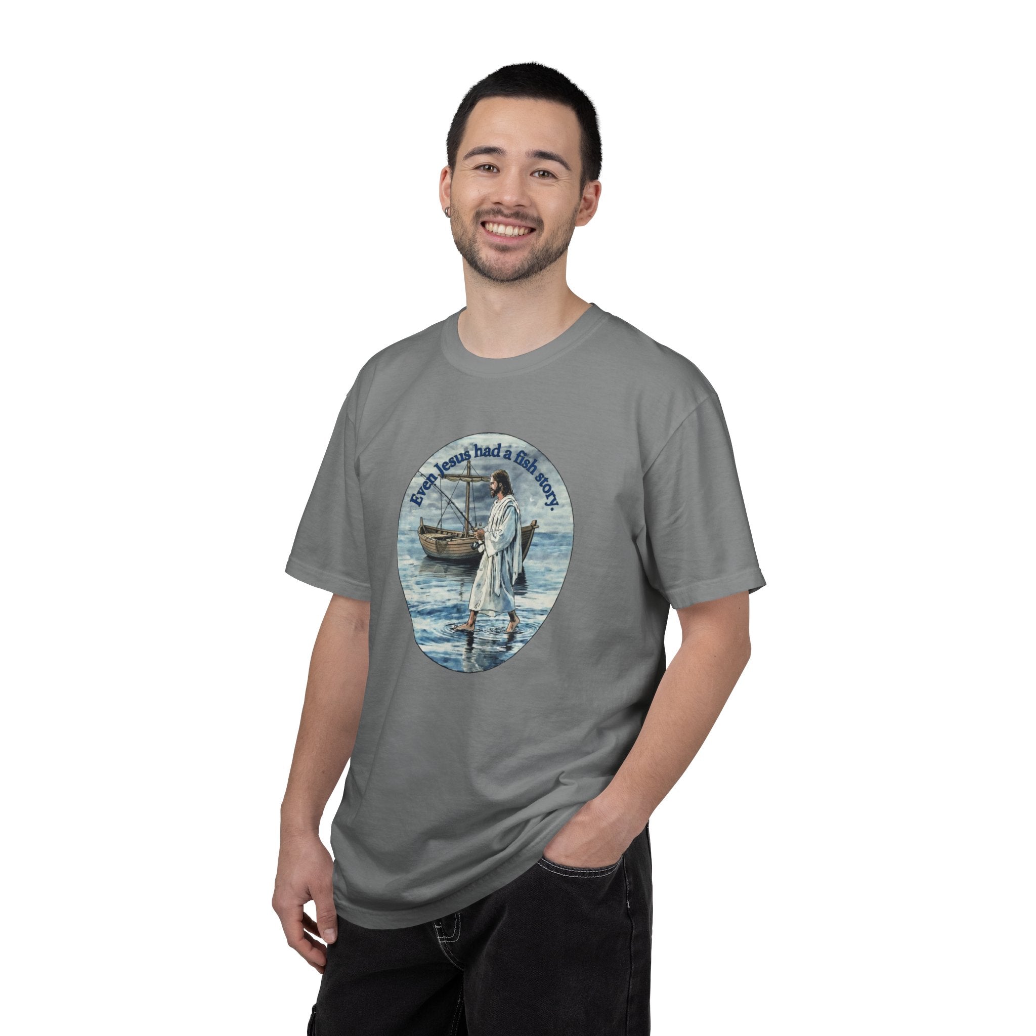 “Jesus fish story” logo on front Unisex Garment-Dyed T-shirt
