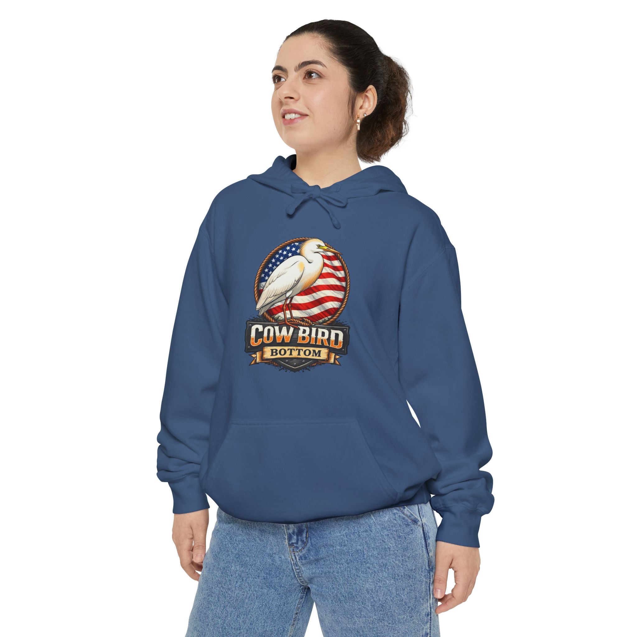 Cowbird Vintage American Flag Hoodie – "Cow Bird Bottom" Patriotic Graphic