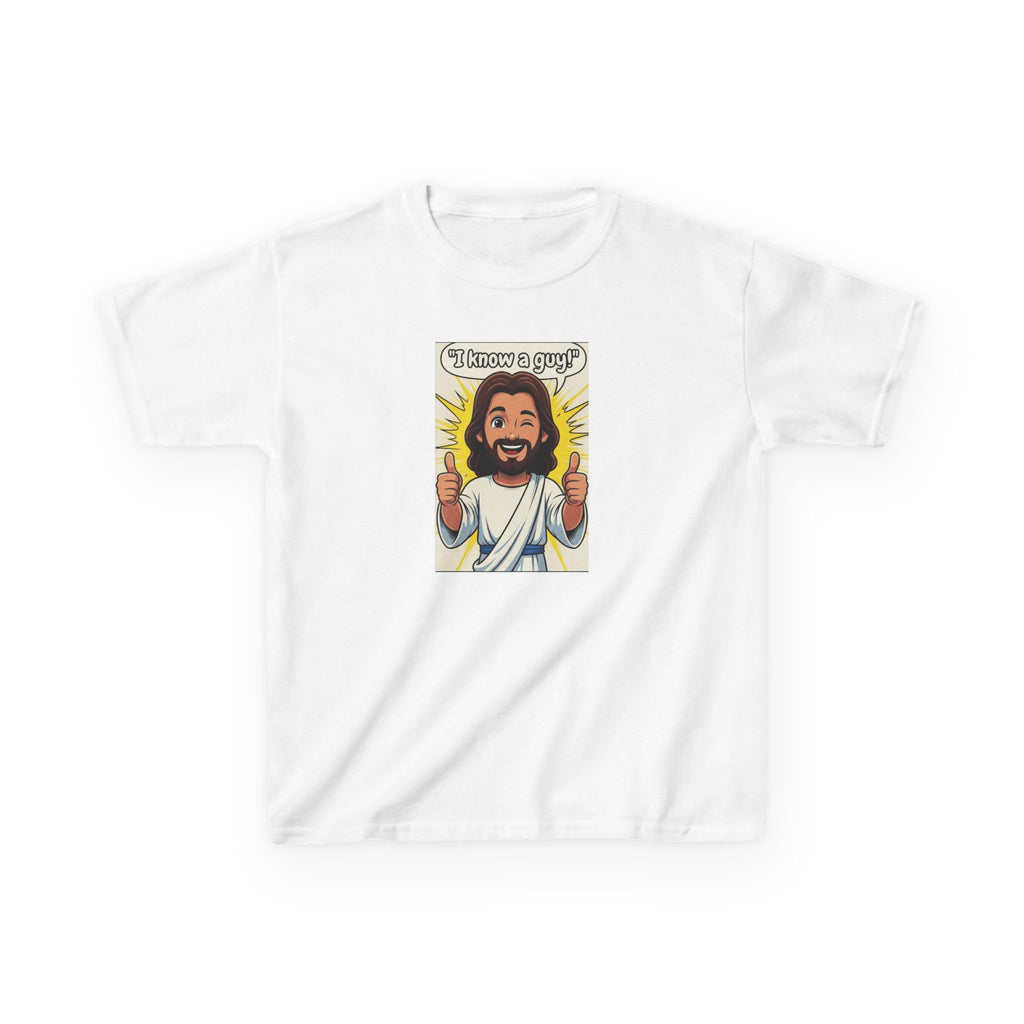 Kids Tee — "I Know a Guy" Cartoon Jesus Graphic