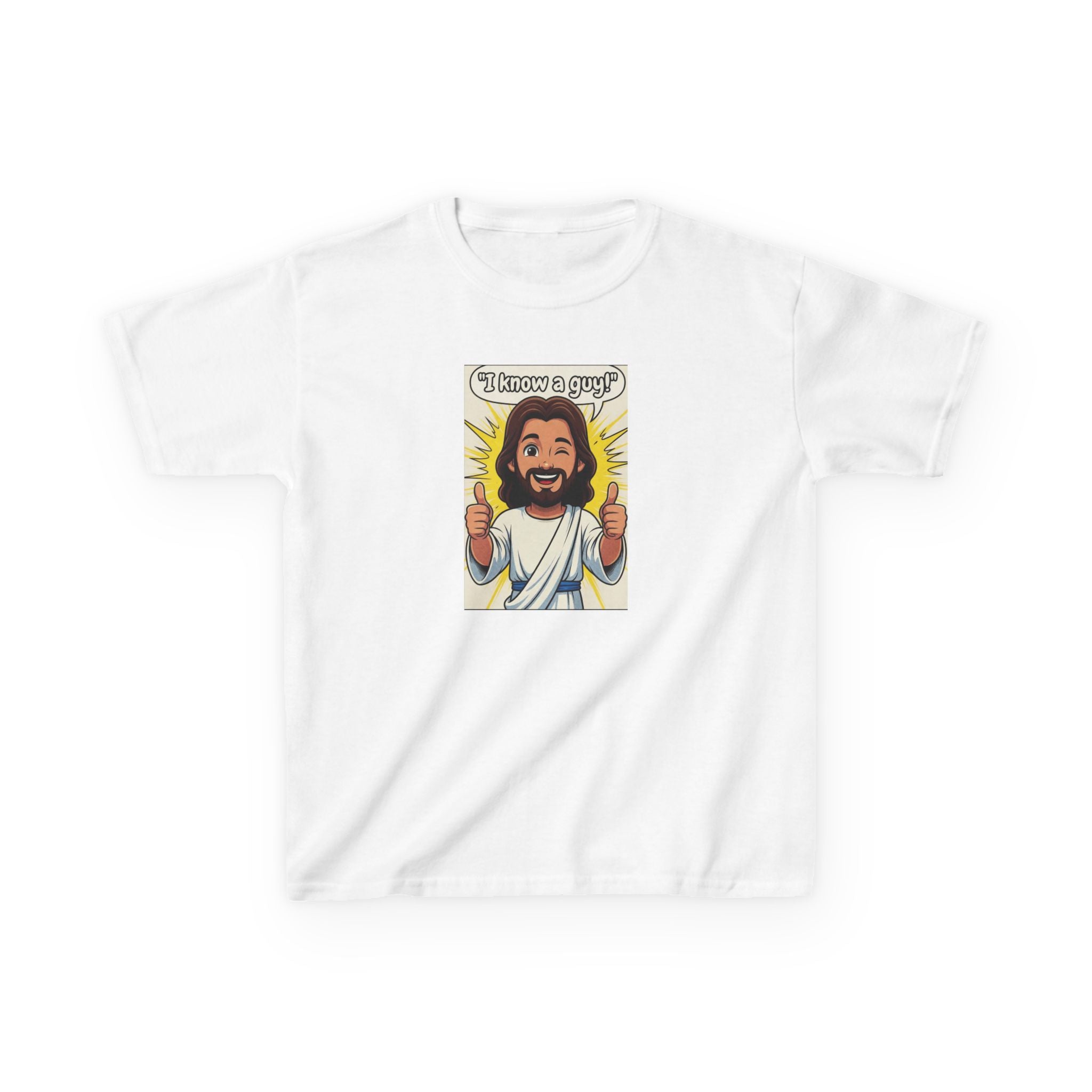 Kids Tee — "I Know a Guy" Cartoon Jesus Graphic