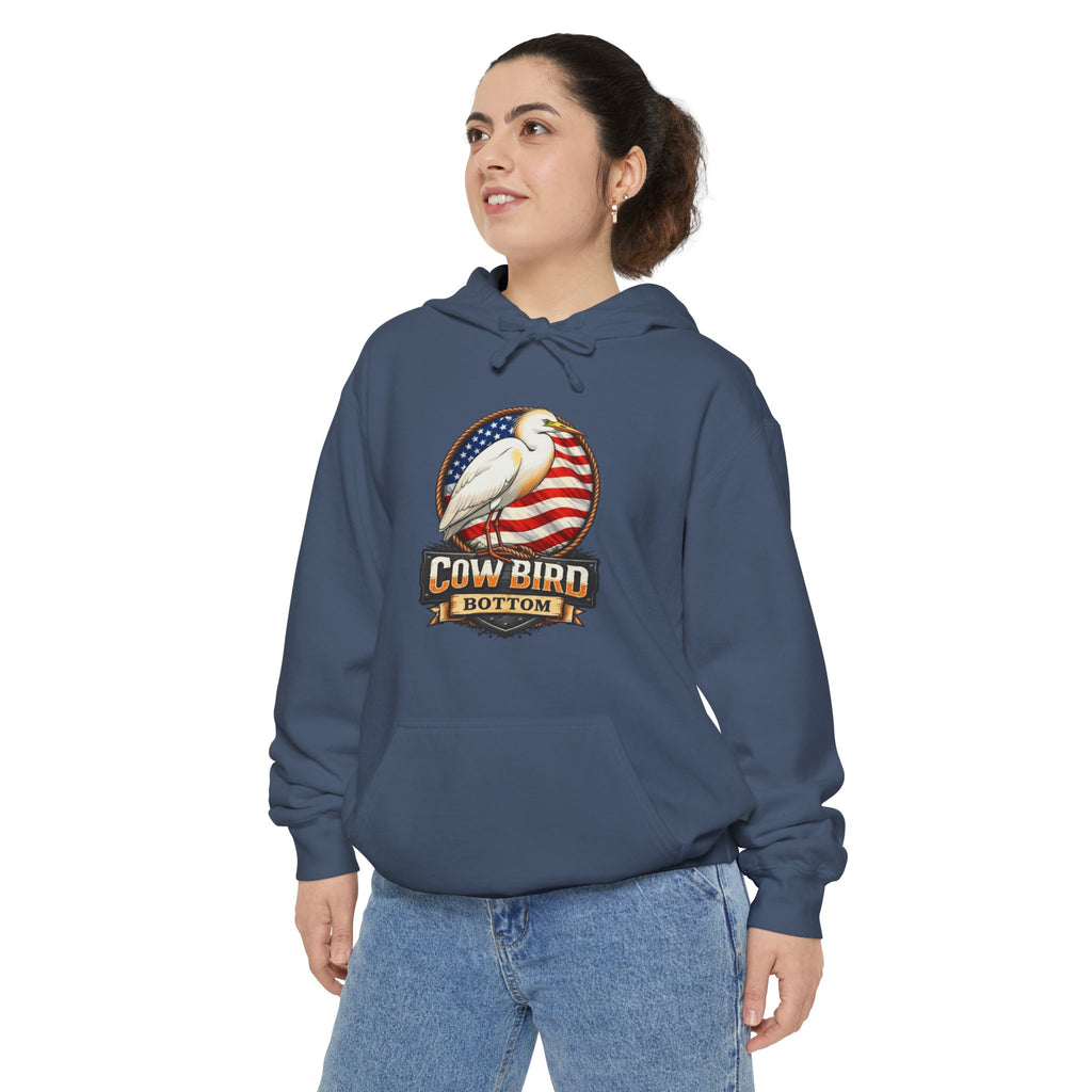 Cowbird Vintage American Flag Hoodie – "Cow Bird Bottom" Patriotic Graphic