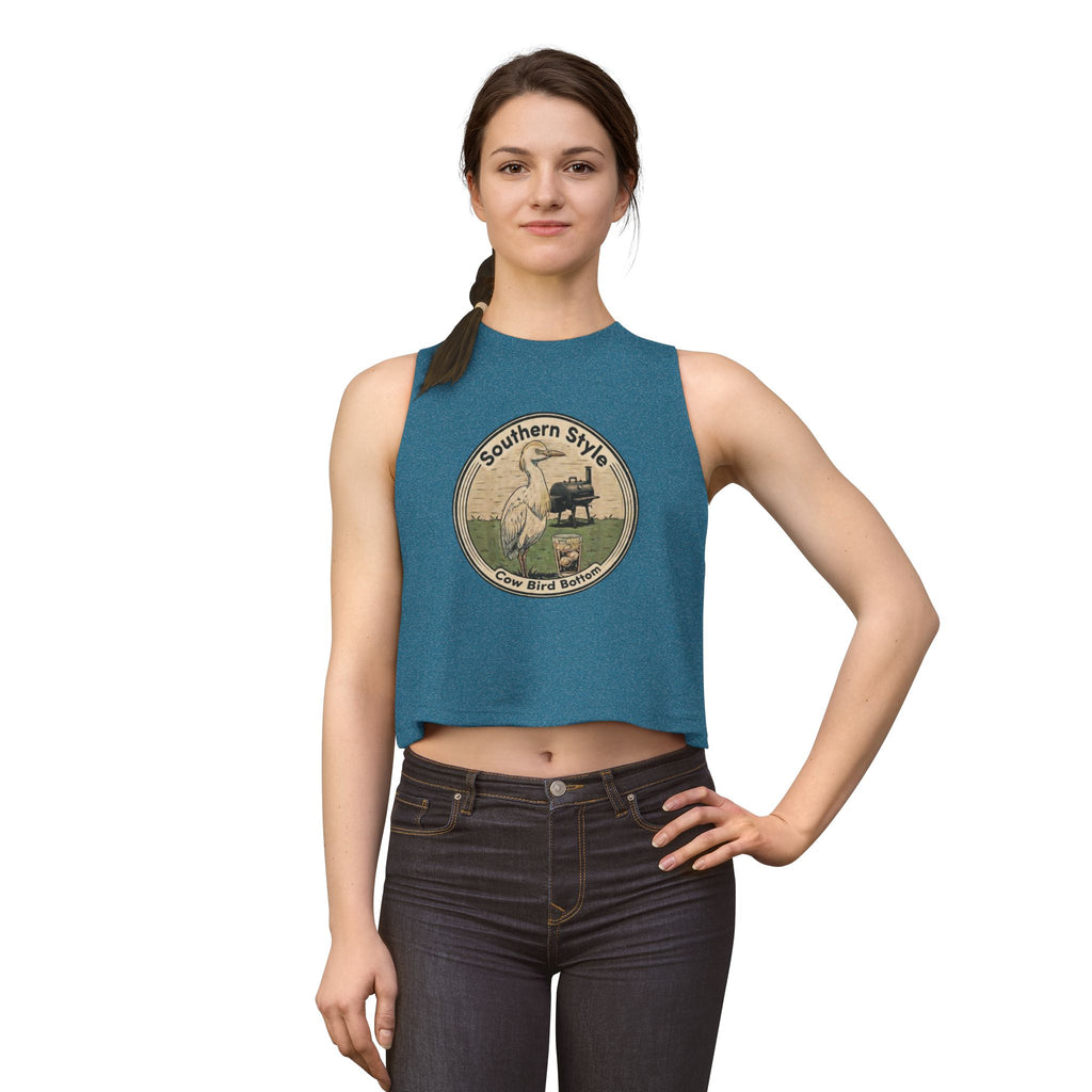Southern Style Crop Top — 'Cow Bird Bottom' Vintage Heron Graphic