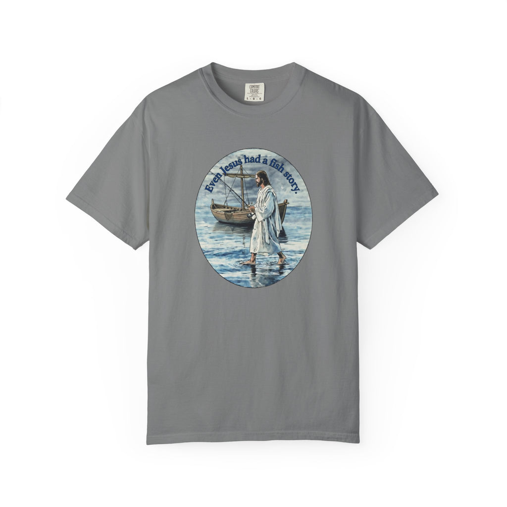“Jesus fish story” logo on front Unisex Garment-Dyed T-shirt