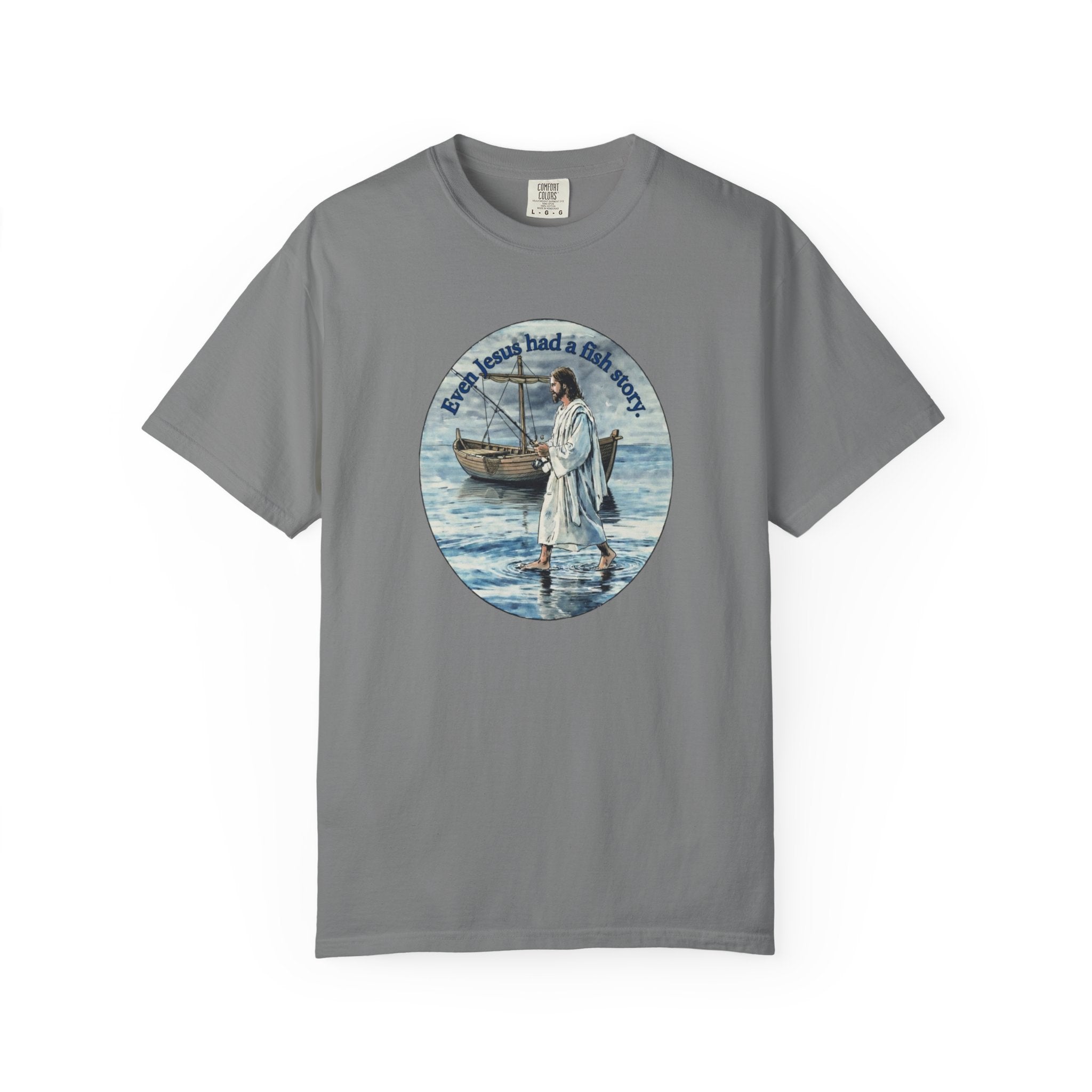 “Jesus fish story” logo on front Unisex Garment-Dyed T-shirt