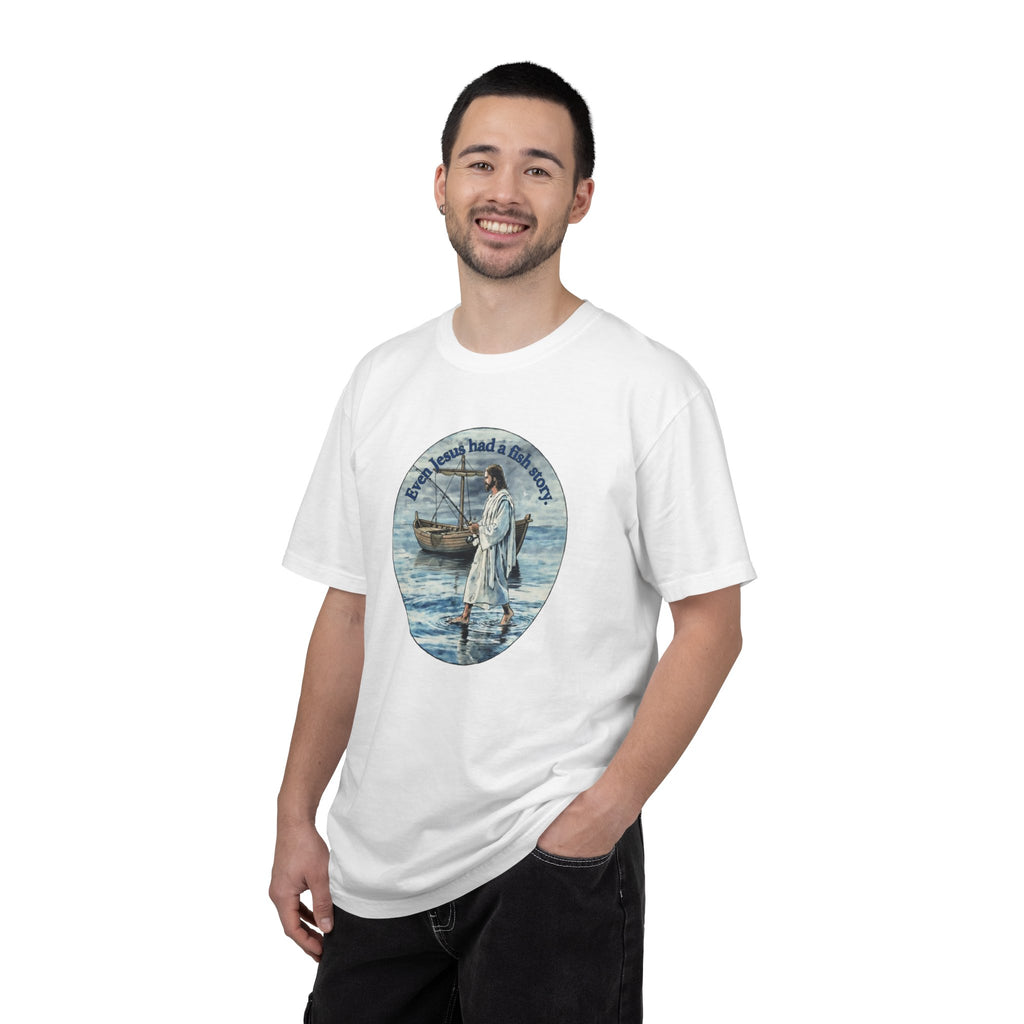 “Jesus fish story” logo on front Unisex Garment-Dyed T-shirt