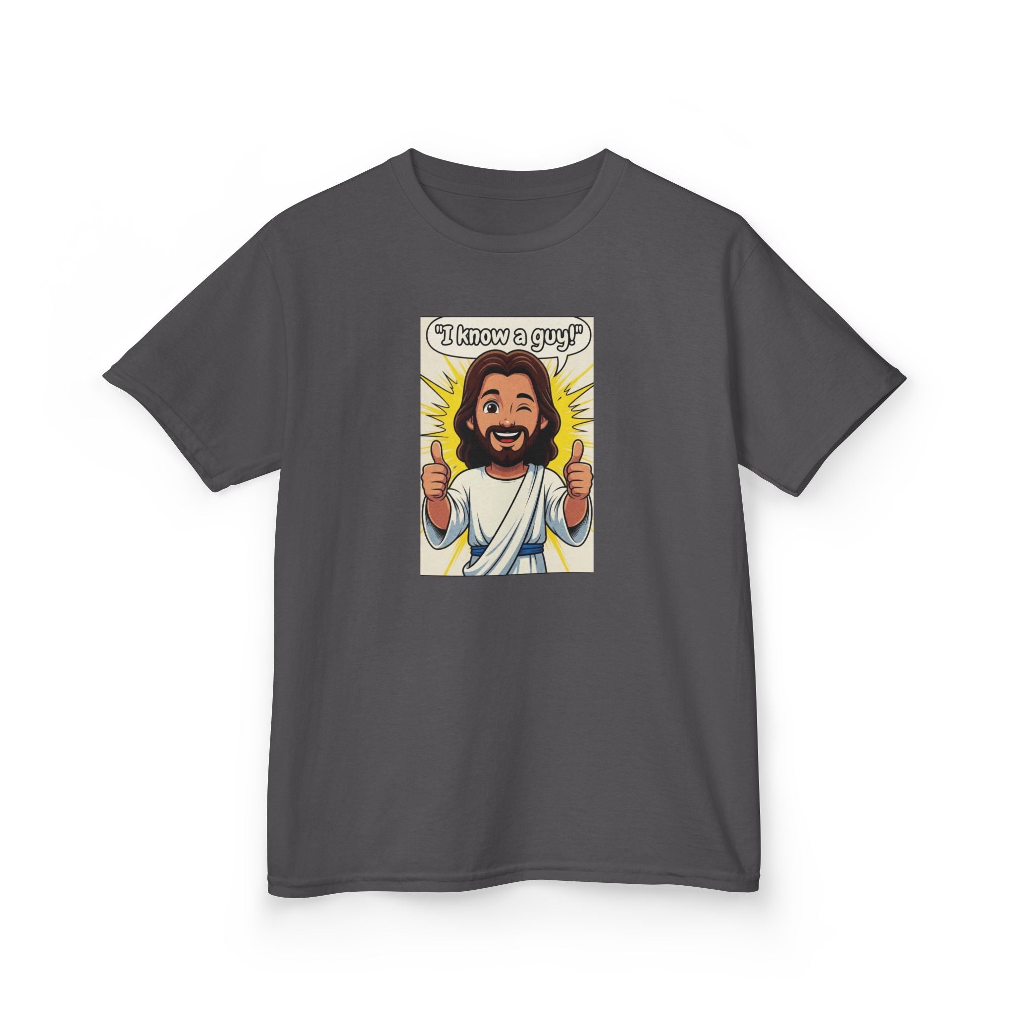 Kids Tee — "I Know a Guy" Cartoon Jesus Graphic