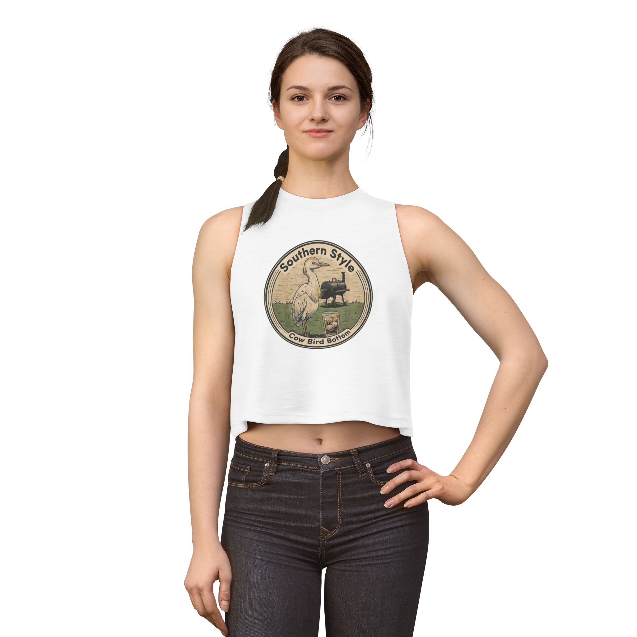 Southern Style Crop Top — 'Cow Bird Bottom' Vintage Heron Graphic