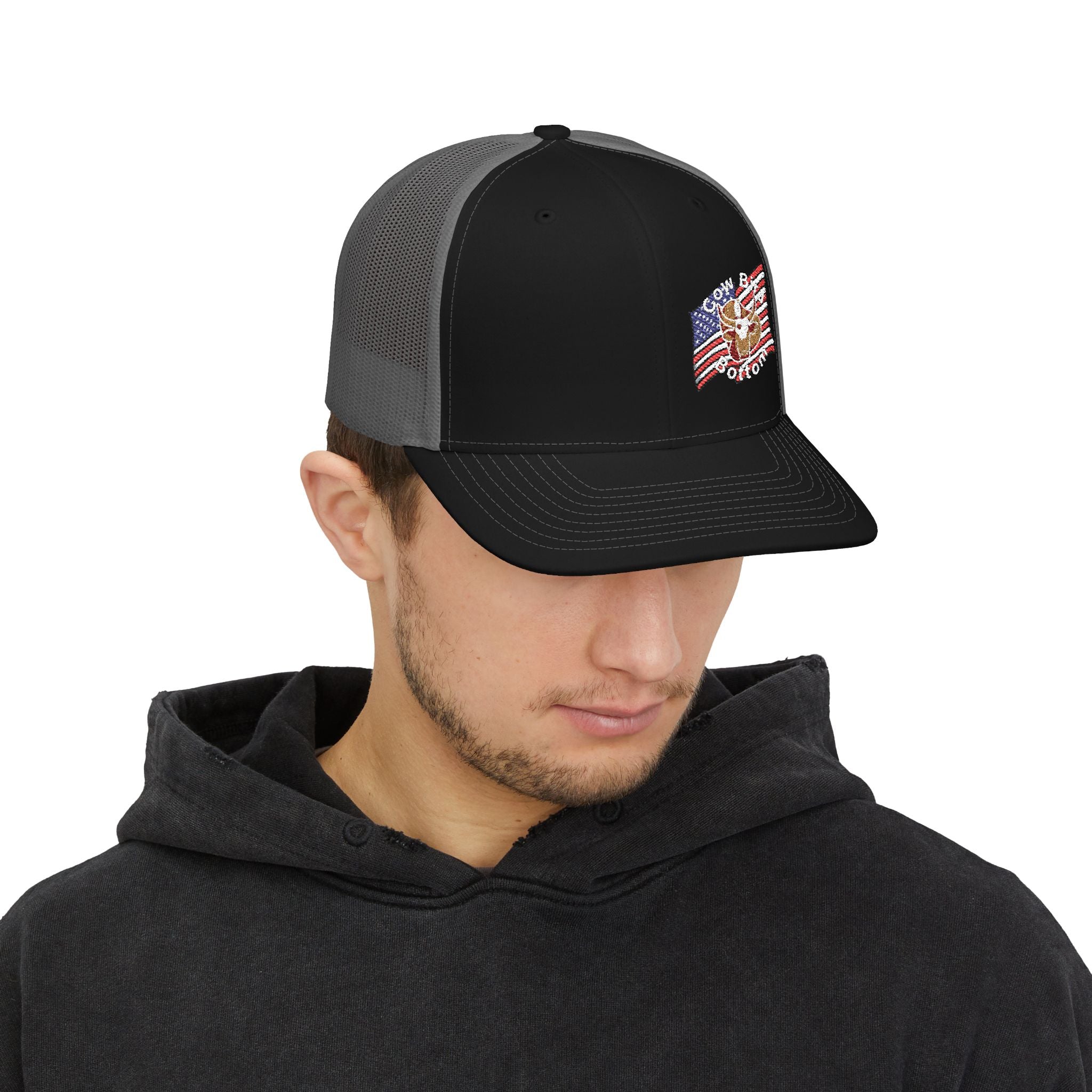 Richardson Embroidered Trucker Cap — American Flag with Anchor "Home of the Free"