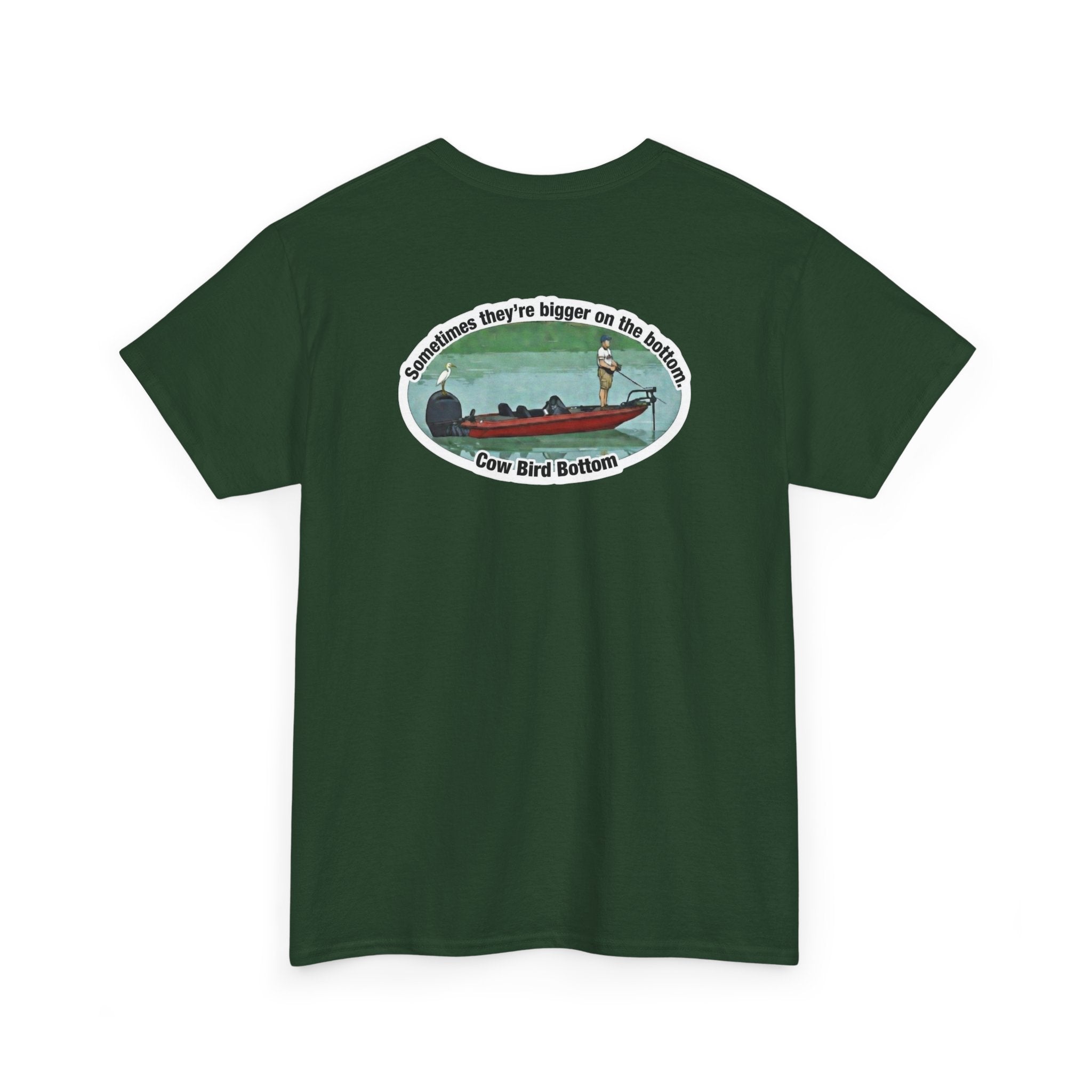 Graphic Tee — 'Cow Bird Bottom' Fishing Scene T-Shirt