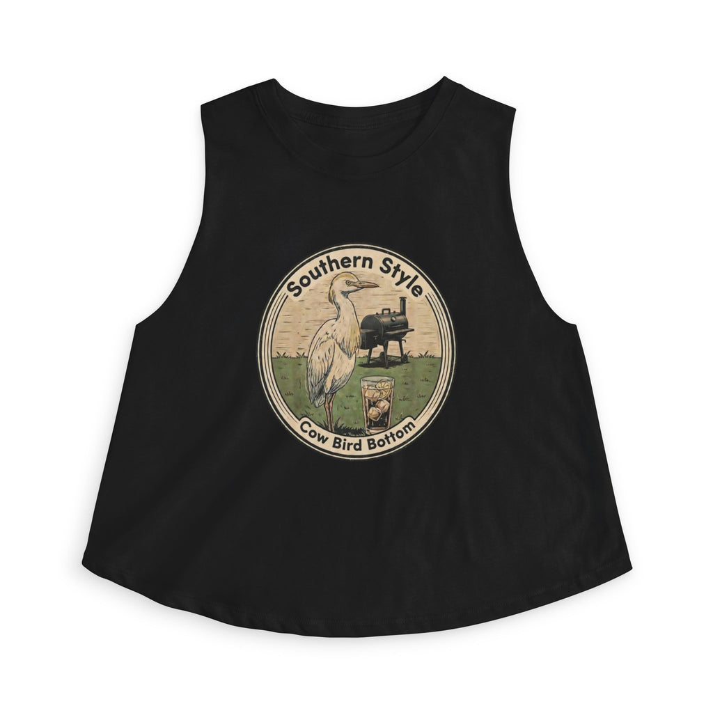 Southern Style Crop Top — 'Cow Bird Bottom' Vintage Heron Graphic