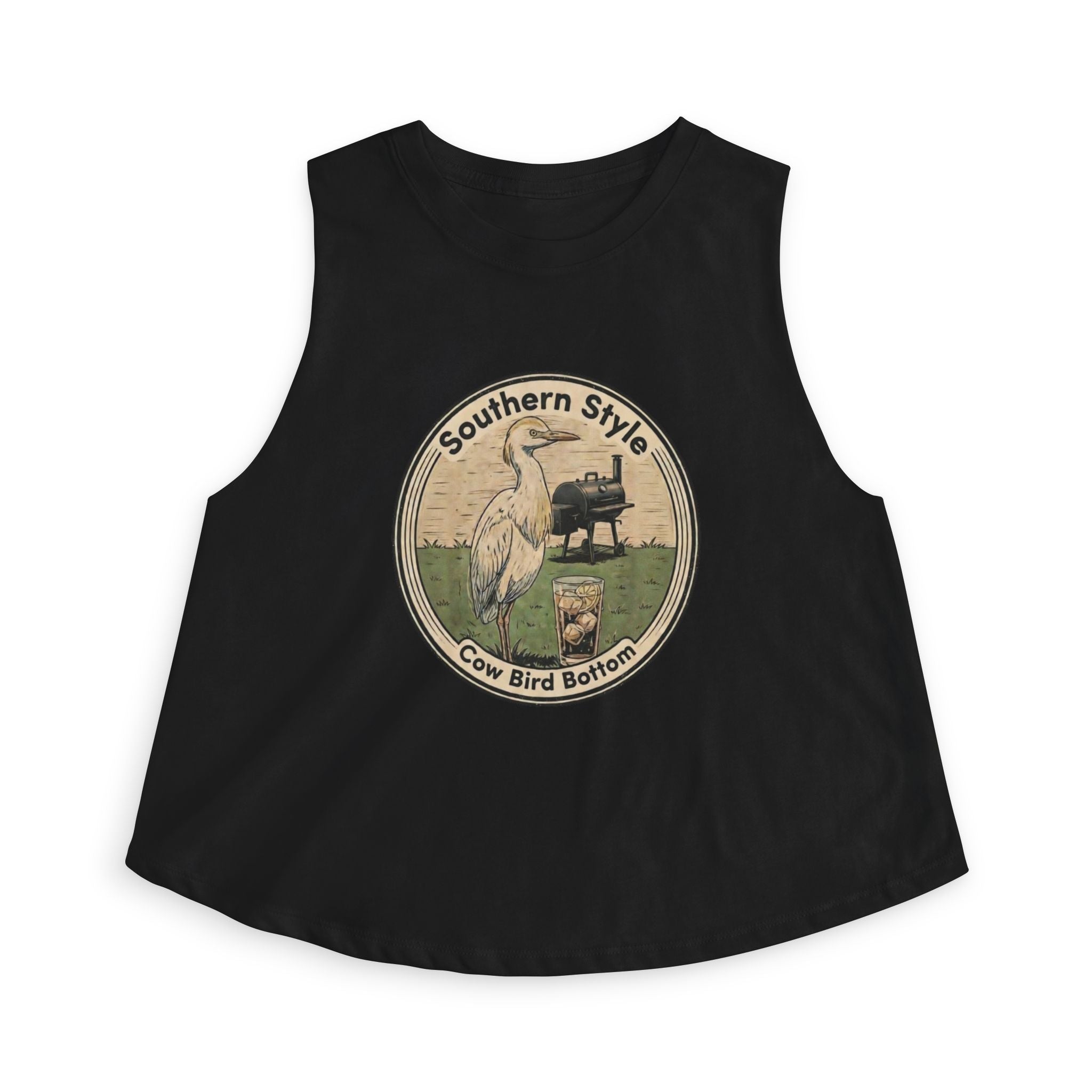 Southern Style Crop Top — 'Cow Bird Bottom' Vintage Heron Graphic