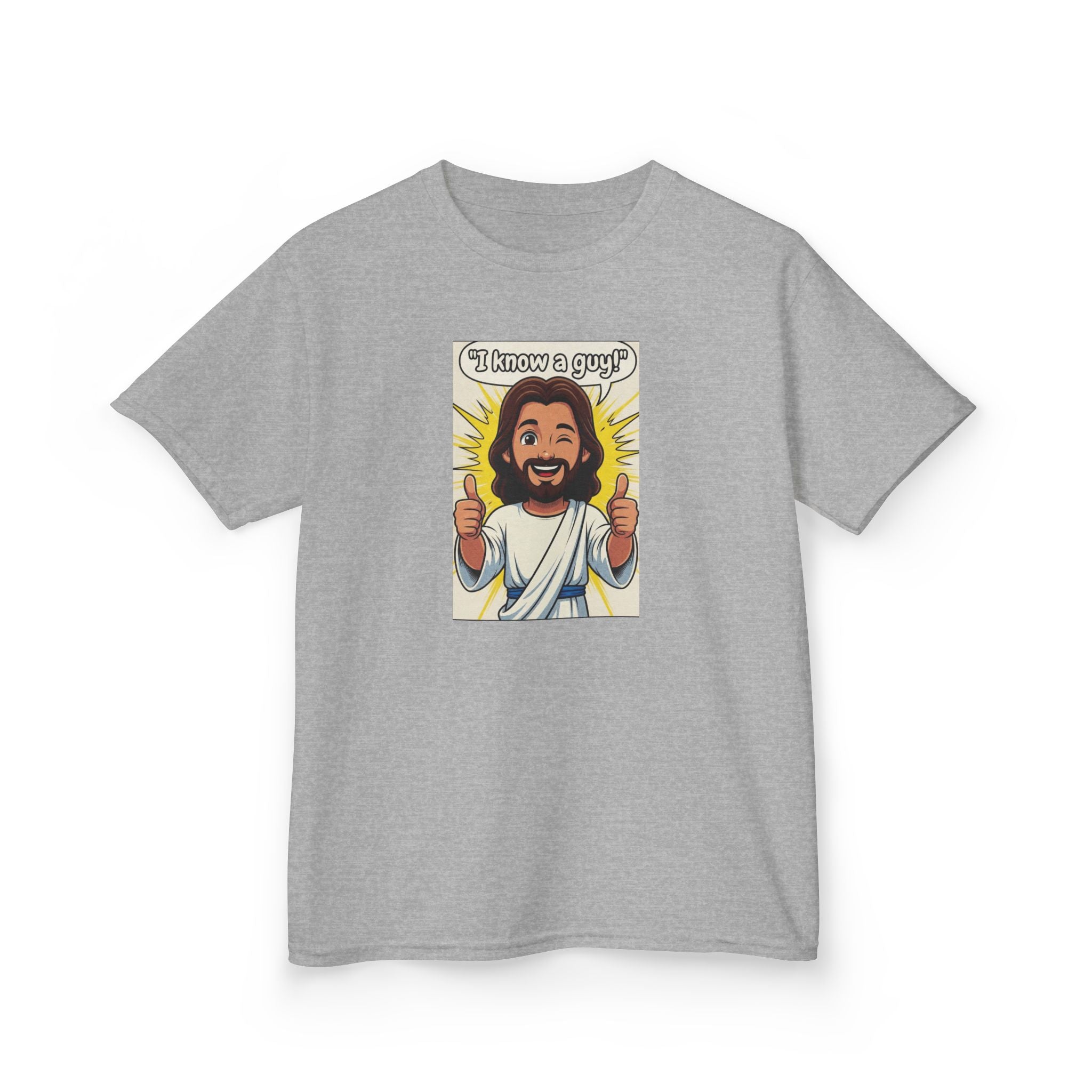 Kids Tee — "I Know a Guy" Cartoon Jesus Graphic