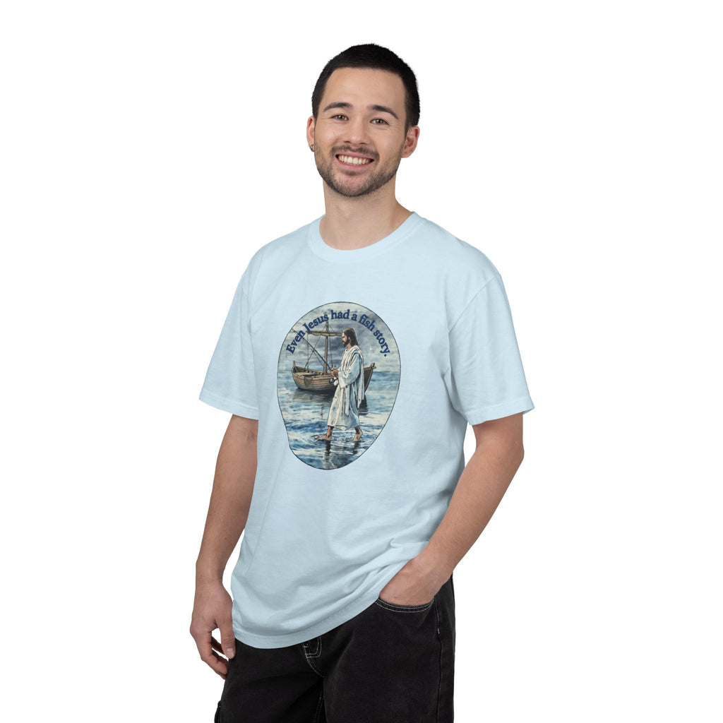 “Jesus fish story” logo on front Unisex Garment-Dyed T-shirt