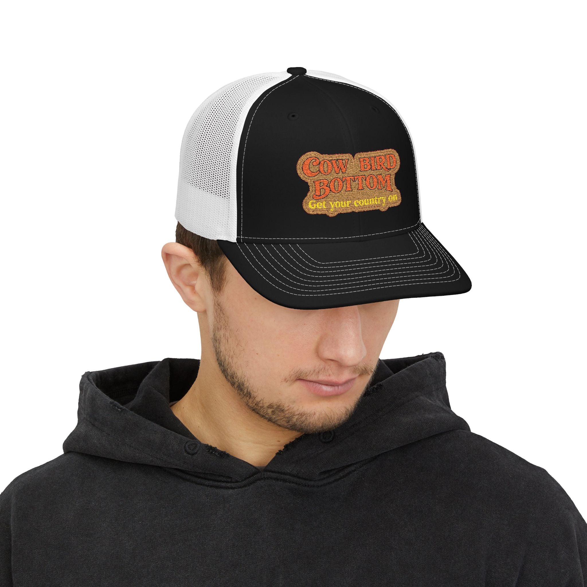 Cow Bird Bottom Patch Trucker Cap - Retro Neon Road Sign Snapback