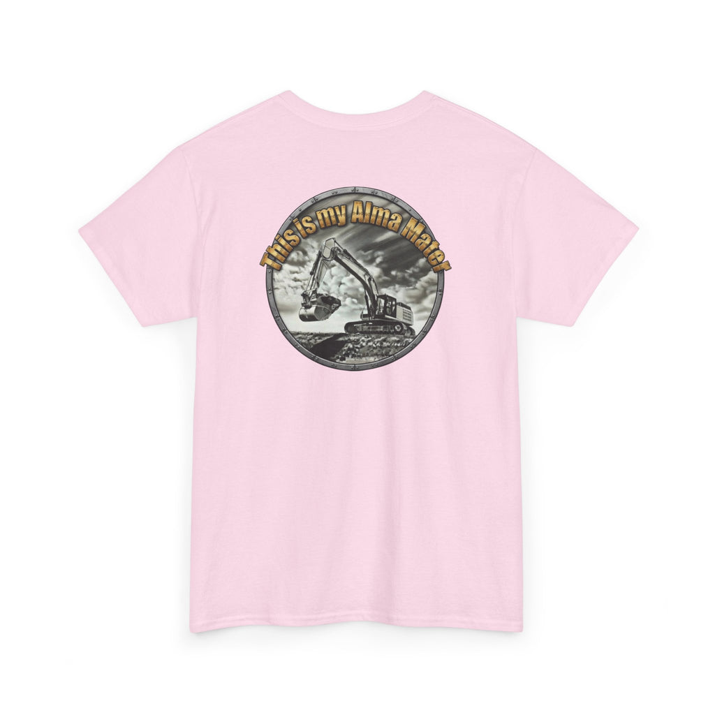 Excavator Logo T‑Shirt — Vintage Construction Crew Tee (Back Graphic: 'This Is My Alma Mater')
