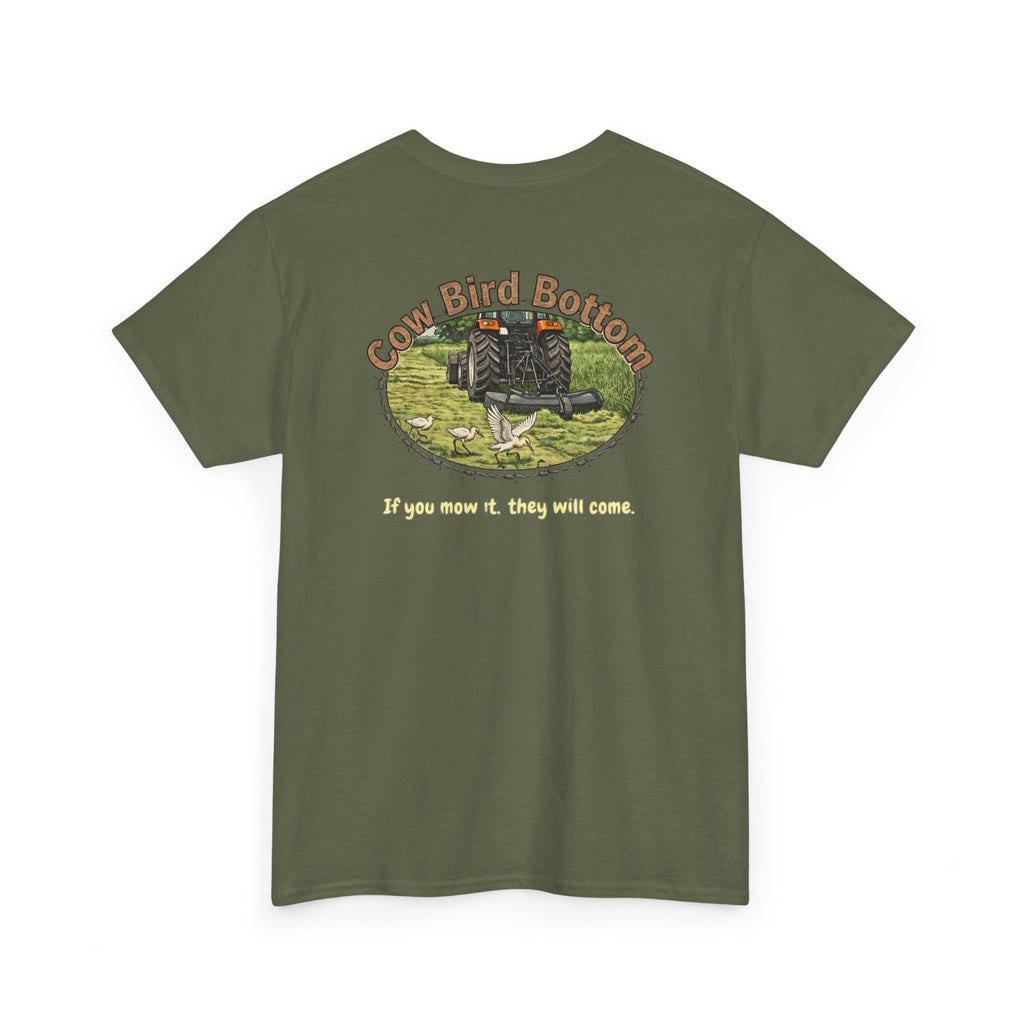 T-Shirt — Cow Bird Bottom tee orange tractor("If you mow it, they will come")