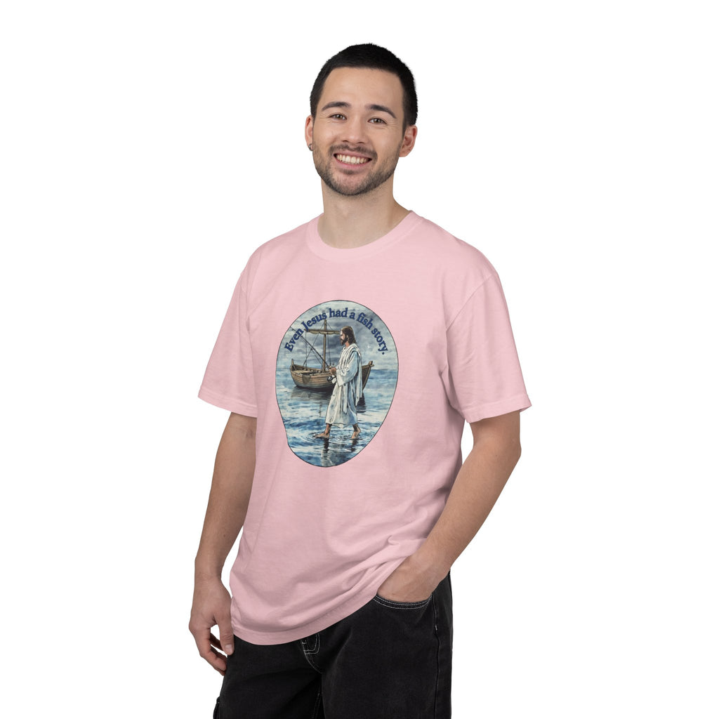 “Jesus fish story” logo on front Unisex Garment-Dyed T-shirt