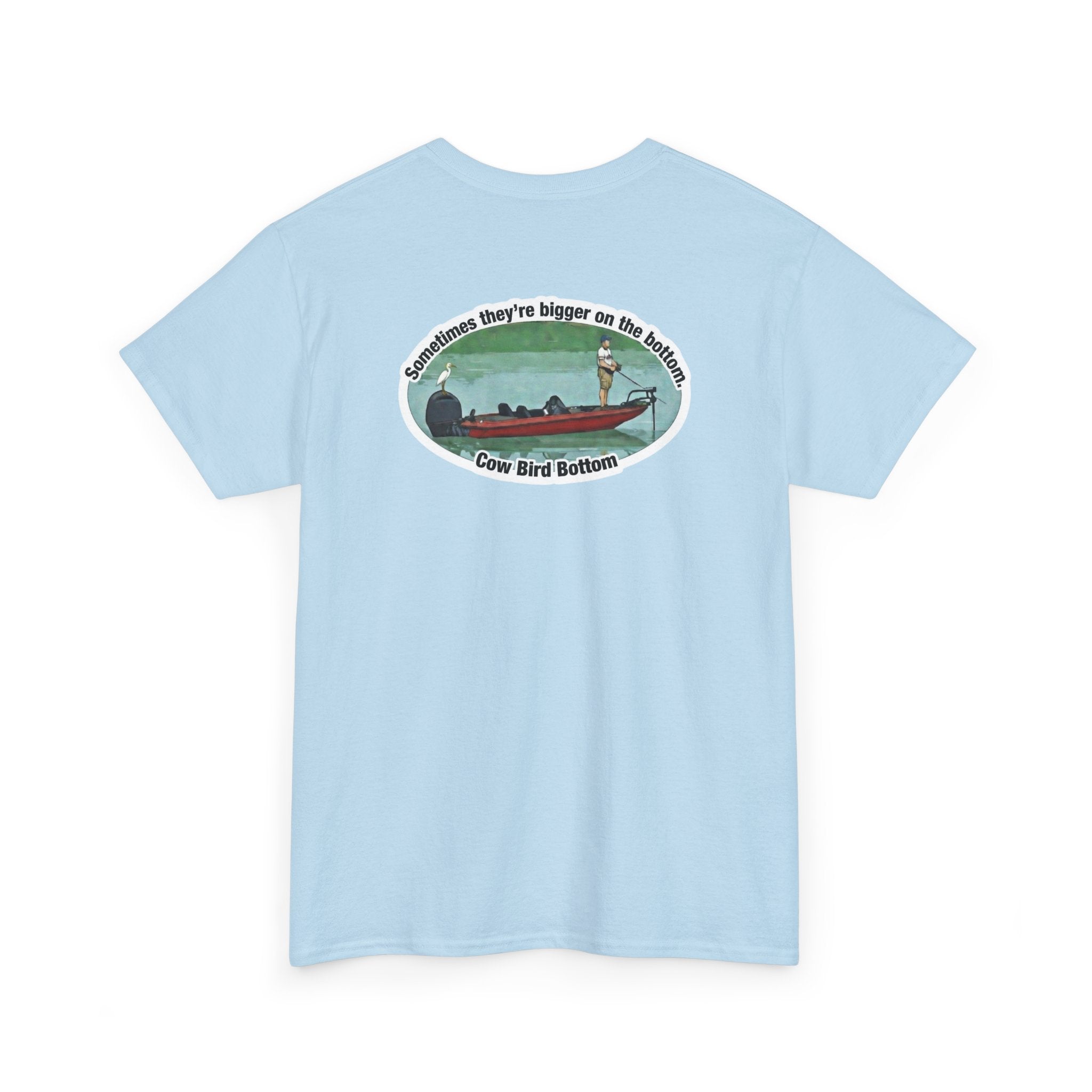 Graphic Tee — 'Cow Bird Bottom' Fishing Scene T-Shirt