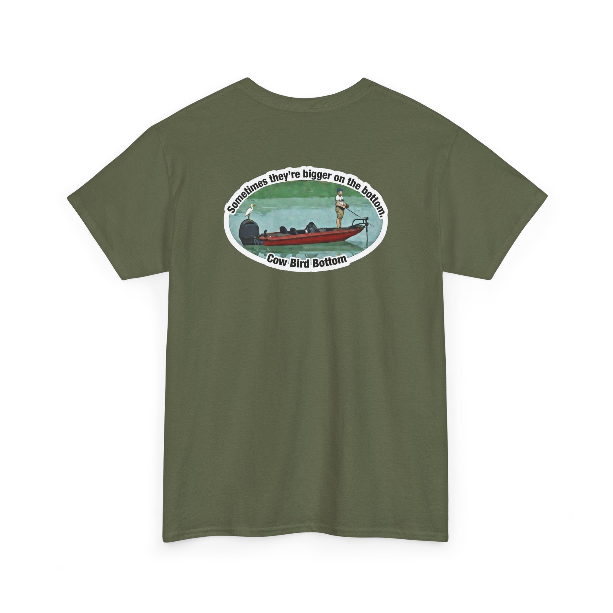 Graphic Tee — 'Cow Bird Bottom' Fishing Scene T-Shirt