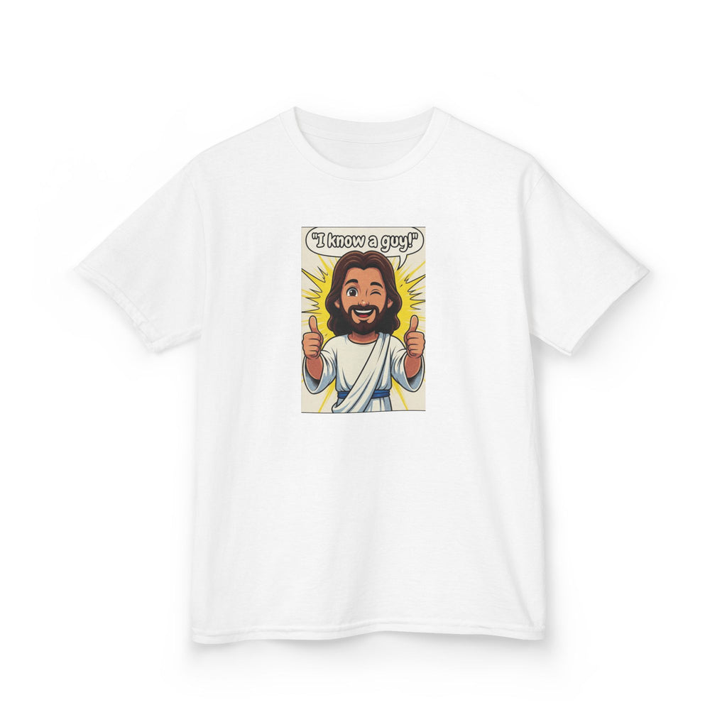 Kids Tee — "I Know a Guy" Cartoon Jesus Graphic