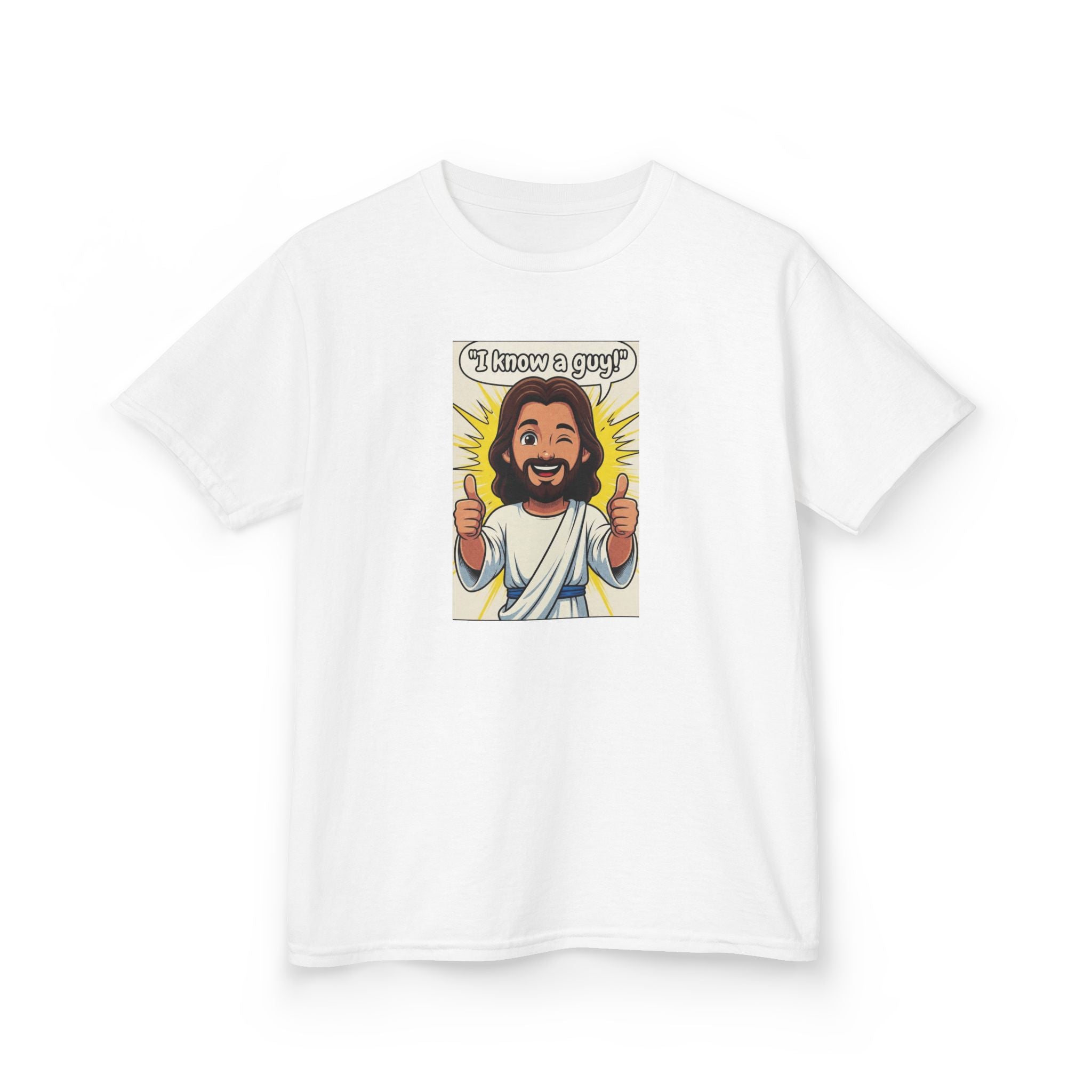 Kids Tee — "I Know a Guy" Cartoon Jesus Graphic