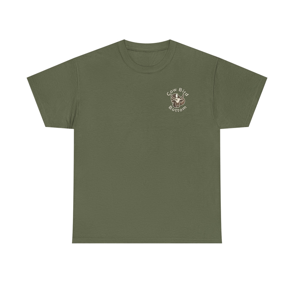 Cow Bird Bottoms Graphic Tee — Vintage Cow Skull Ranch T-Shirt