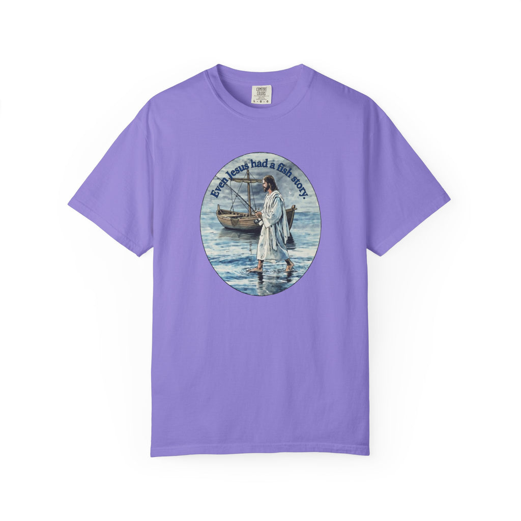 “Jesus fish story” logo on front Unisex Garment-Dyed T-shirt