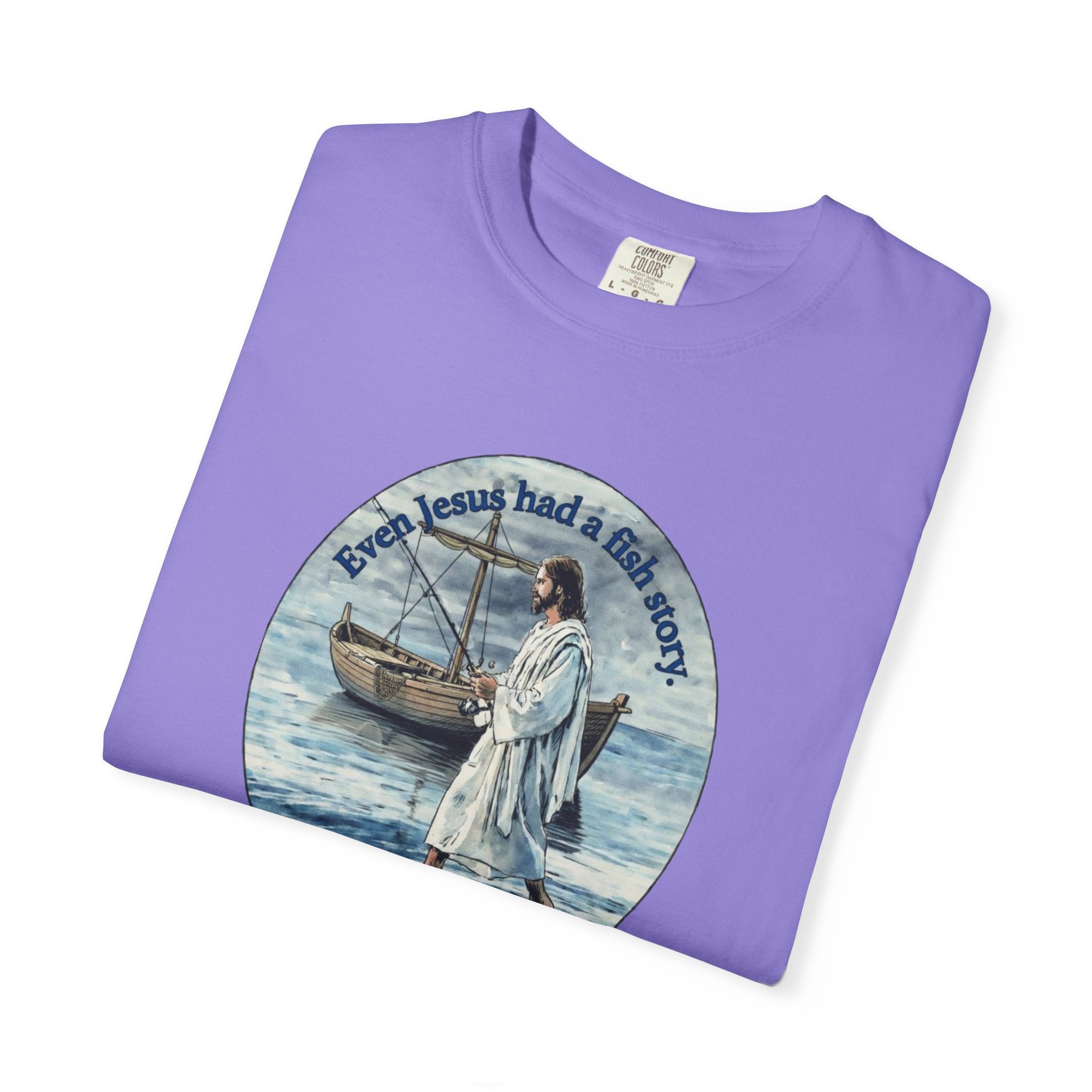 “Jesus fish story” logo on front Unisex Garment-Dyed T-shirt