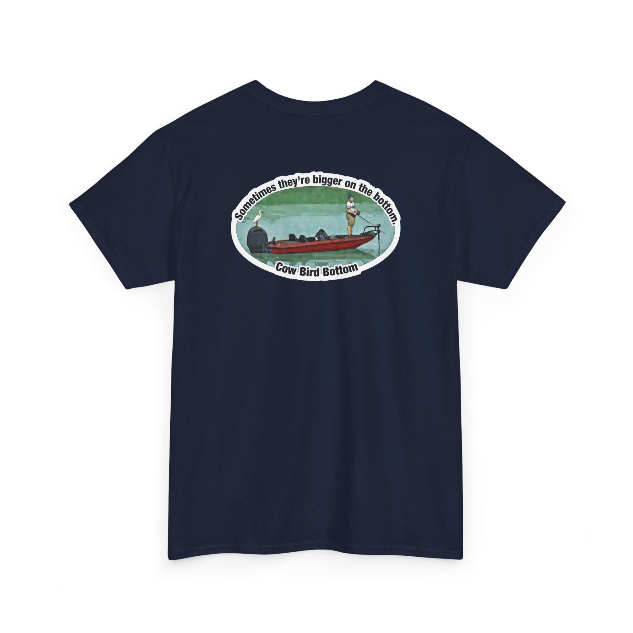 Graphic Tee — 'Cow Bird Bottom' Fishing Scene T-Shirt