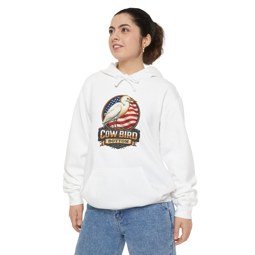 Cowbird Vintage American Flag Hoodie – "Cow Bird Bottom" Patriotic Graphic