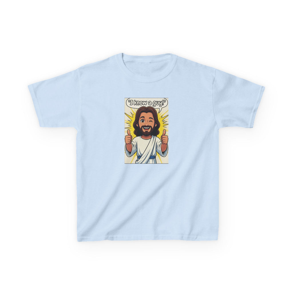 Kids Tee — "I Know a Guy" Cartoon Jesus Graphic