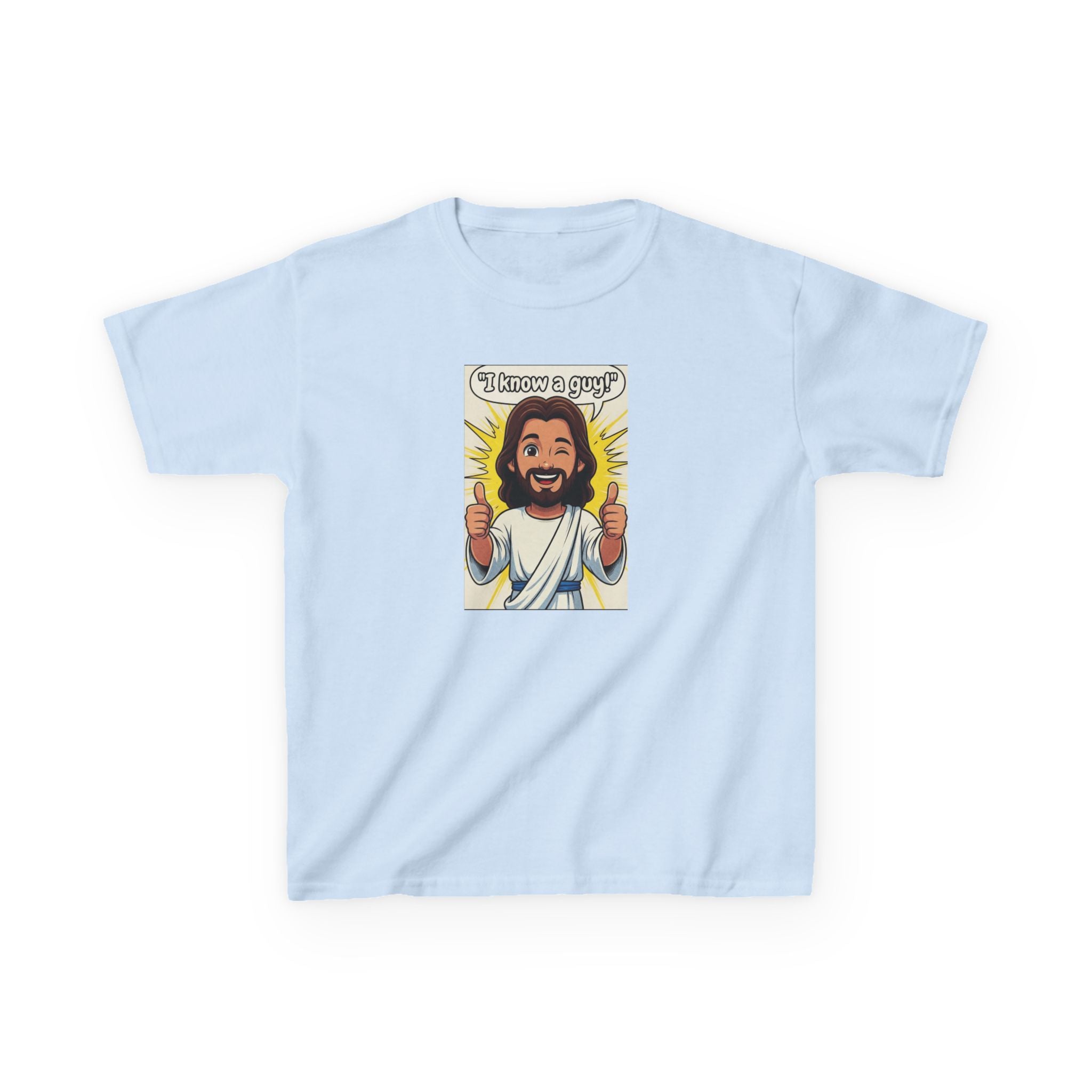 Kids Tee — "I Know a Guy" Cartoon Jesus Graphic